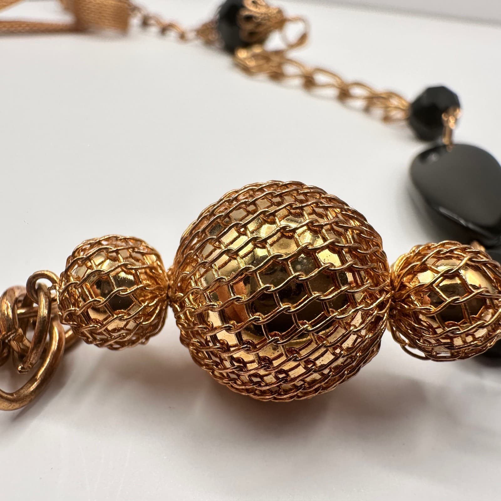 Vintage Black Bead Long Necklace Layered Chain Mesh Pendant Gold Tone Jewelry - Thumbnail 10