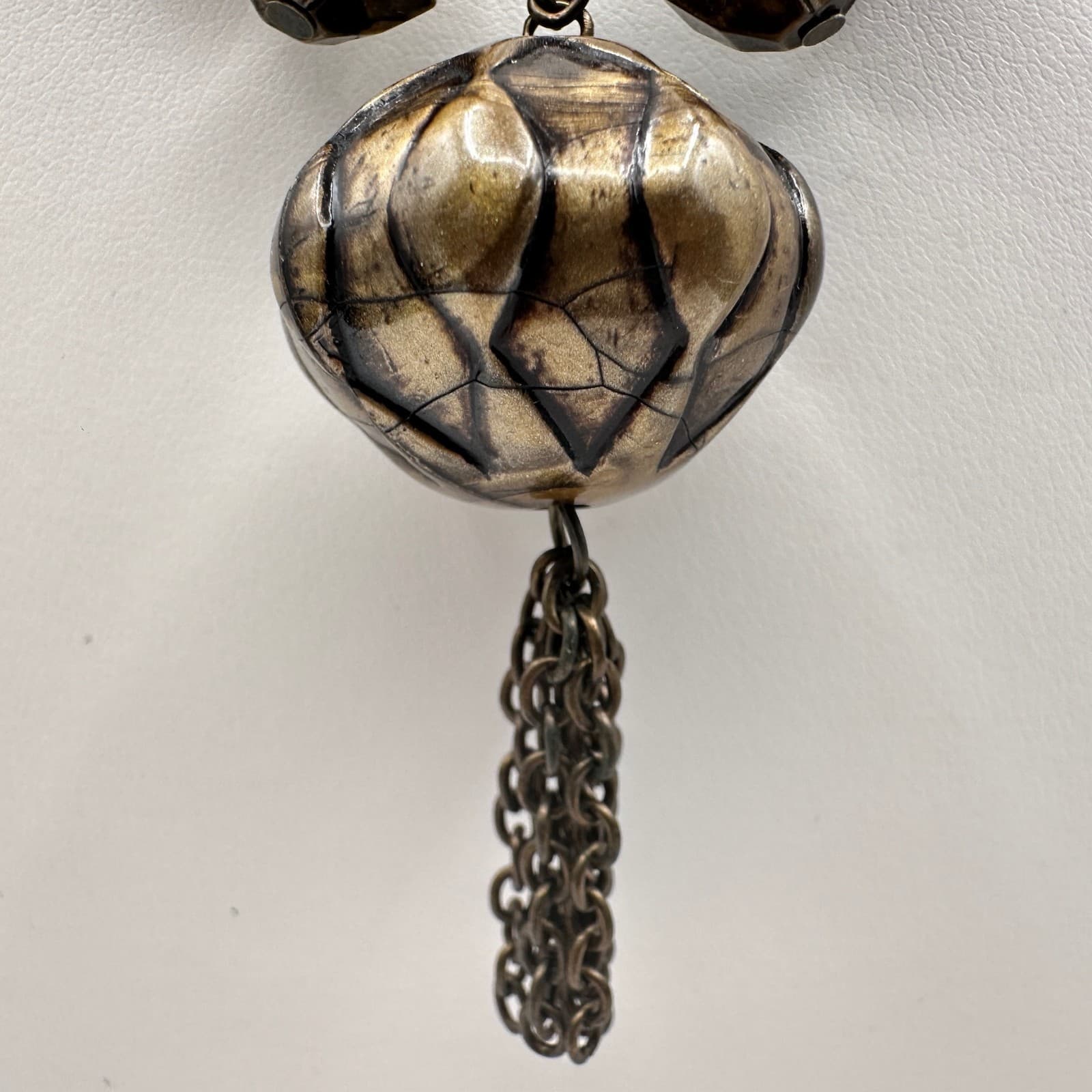 Vintage 80s Boho Statement Necklace Brown Beaded Pendant Chain Tassel Jewelry - Thumbnail 5