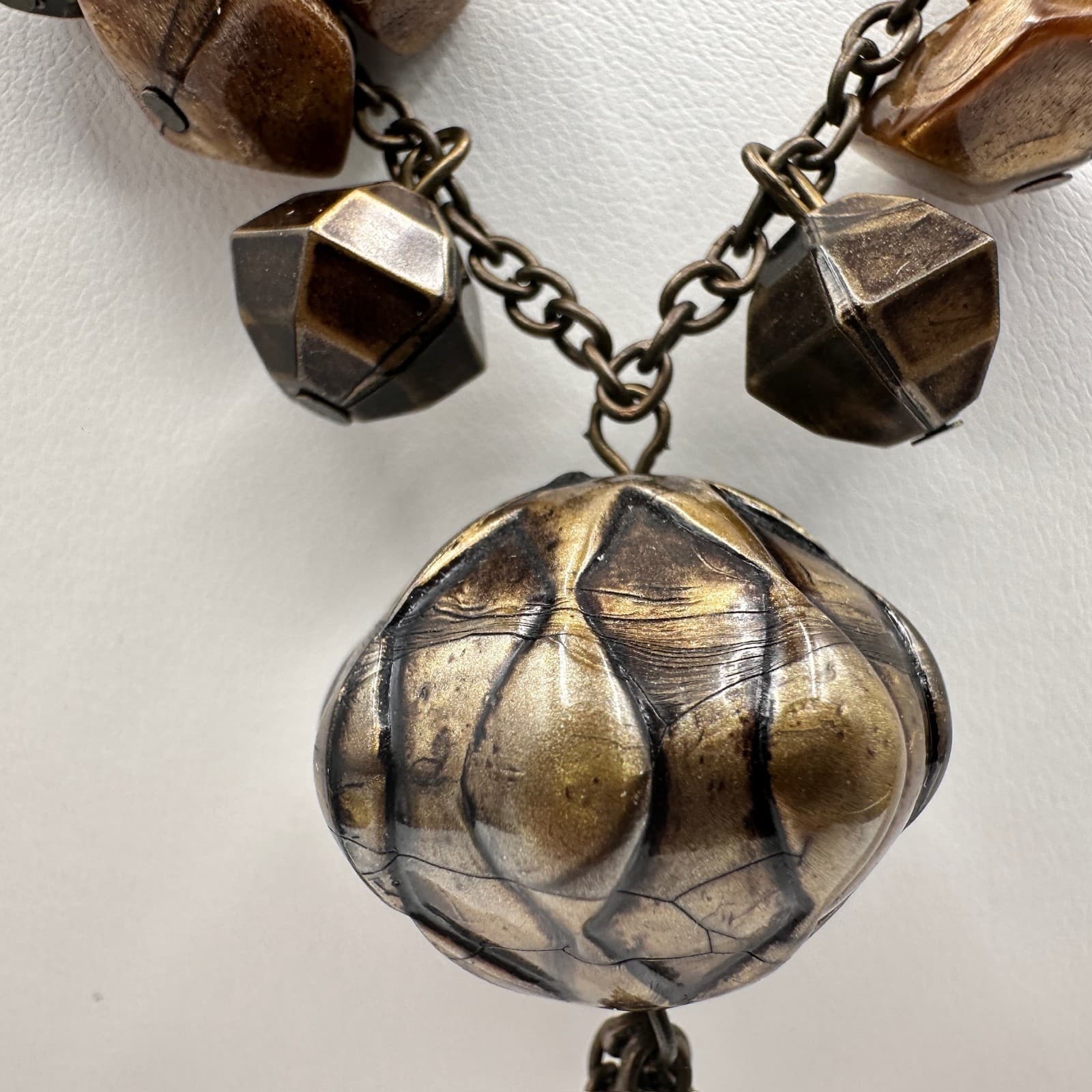 Vintage 80s Boho Statement Necklace Brown Beaded Pendant Chain Tassel Jewelry - Thumbnail 6