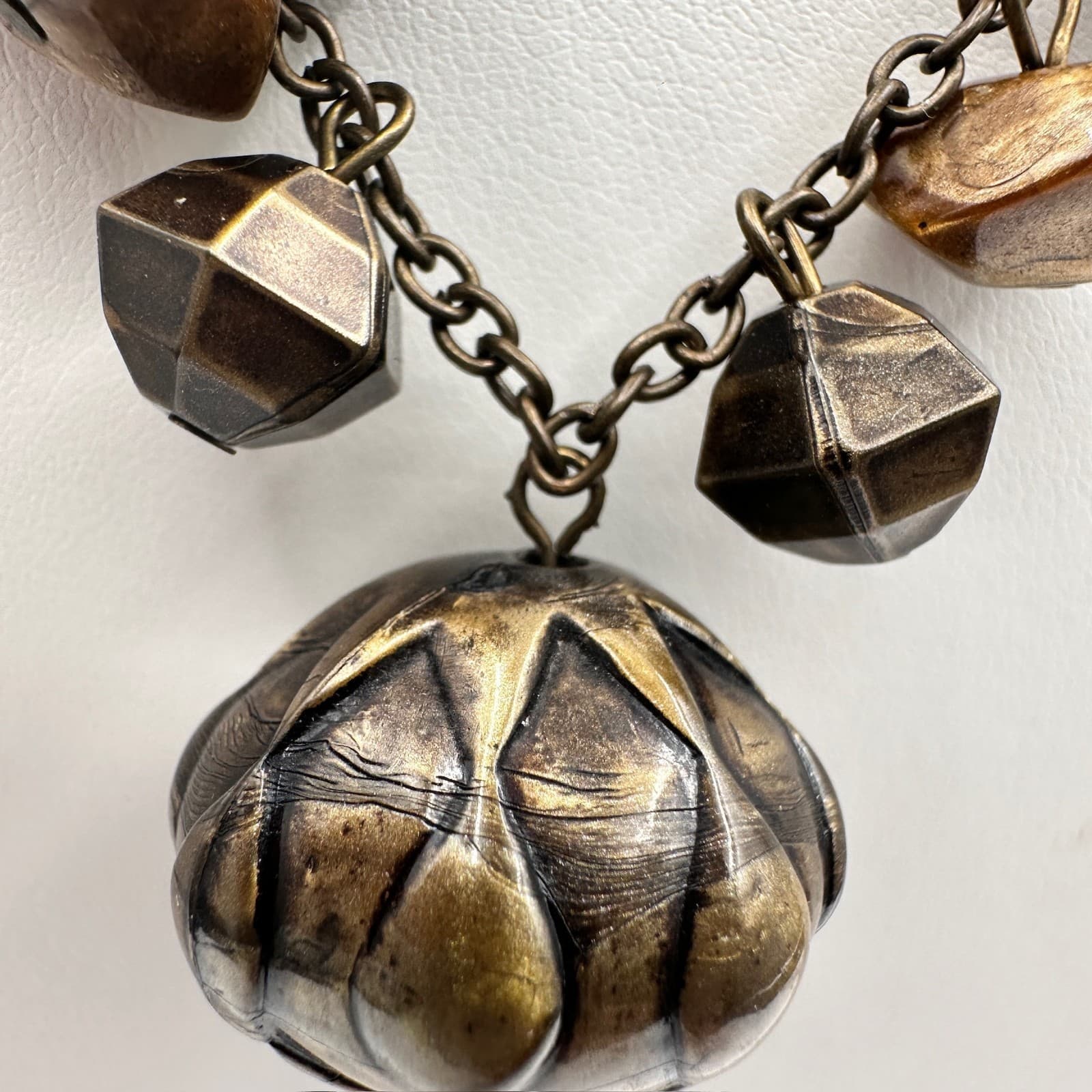 Vintage 80s Boho Statement Necklace Brown Beaded Pendant Chain Tassel Jewelry - Thumbnail 9