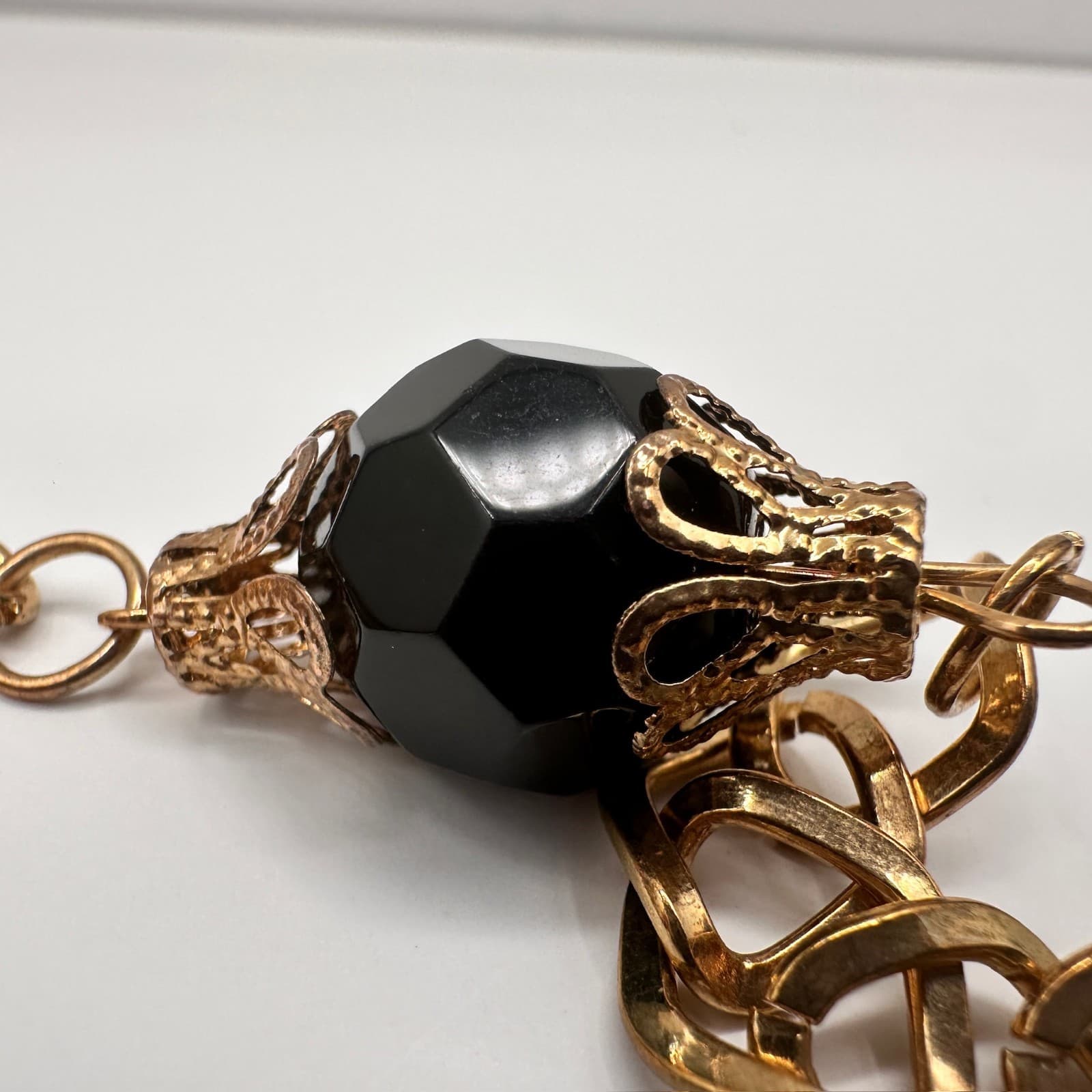 Vintage Black Bead Long Necklace Layered Chain Mesh Pendant Gold Tone Jewelry - Thumbnail 11