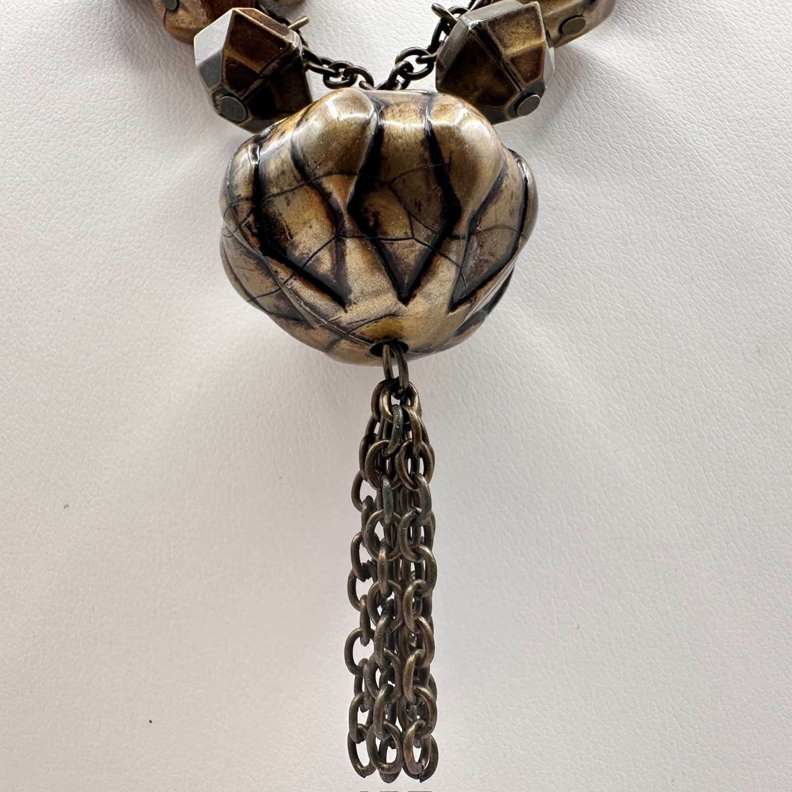 Vintage 80s Boho Statement Necklace Brown Beaded Pendant Chain Tassel Jewelry - Thumbnail 12