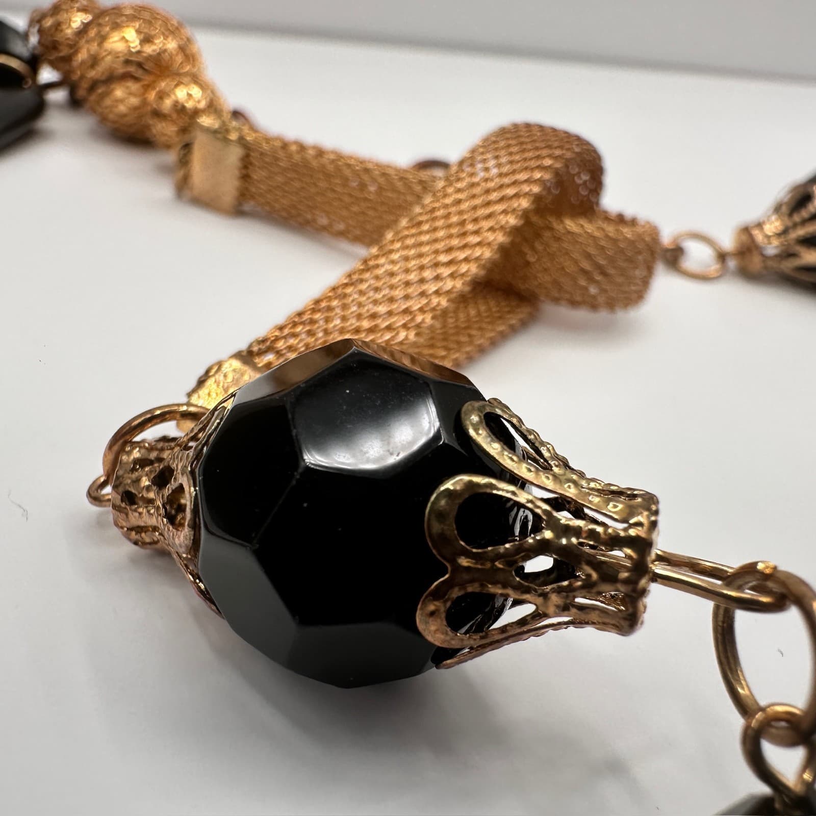 Vintage Black Bead Long Necklace Layered Chain Mesh Pendant Gold Tone Jewelry - Thumbnail 13