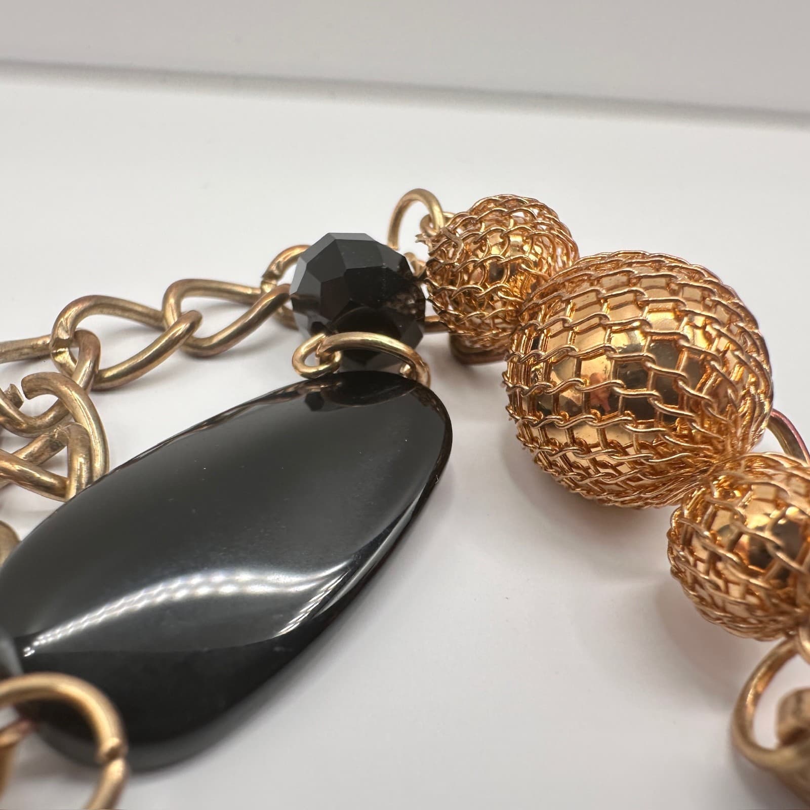 Vintage Black Bead Long Necklace Layered Chain Mesh Pendant Gold Tone Jewelry - Thumbnail 14