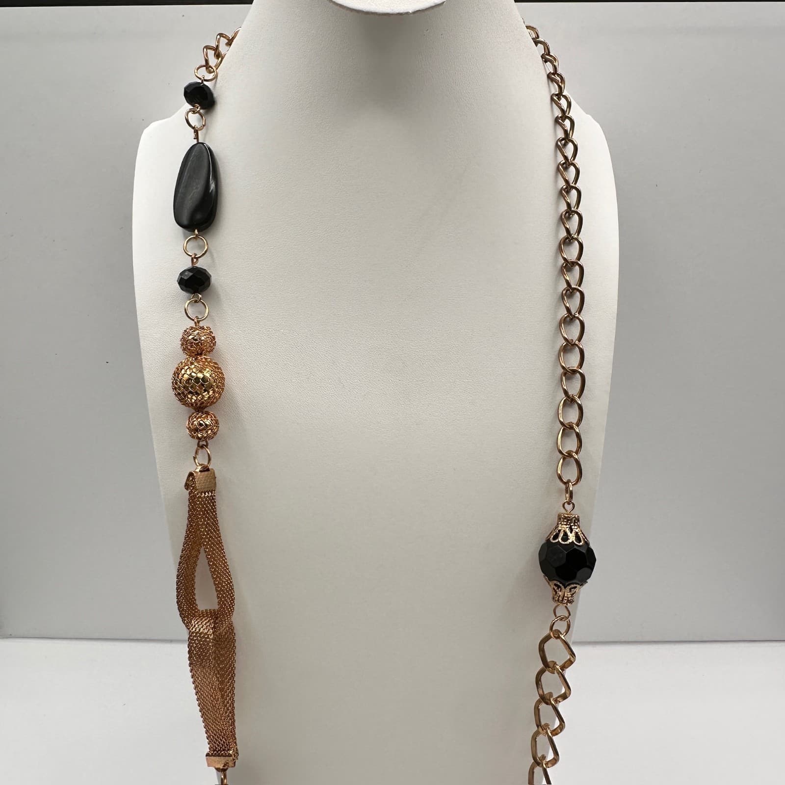 Vintage Black Bead Long Necklace Layered Chain Mesh Pendant Gold Tone Jewelry - Thumbnail 18