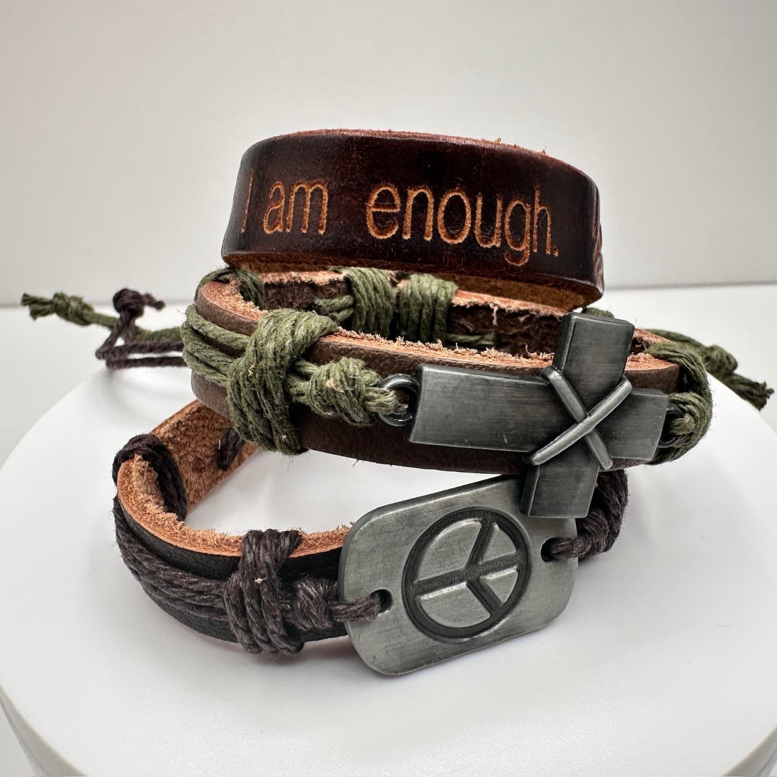 Vintage 90s Brown Leather Wrap Bracelet Set Peace Cross I Am Enough Boho Jewelry - Image 1