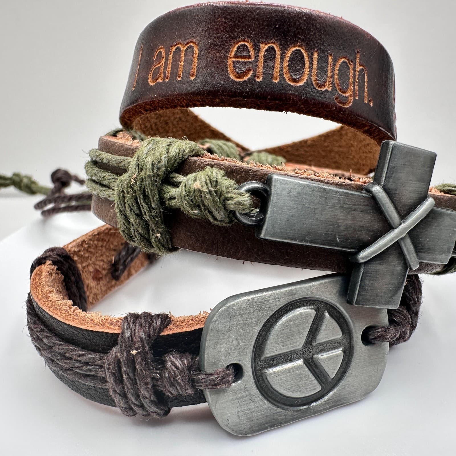 Vintage 90s Brown Leather Wrap Bracelet Set Peace Cross I Am Enough Boho Jewelry - Thumbnail 2