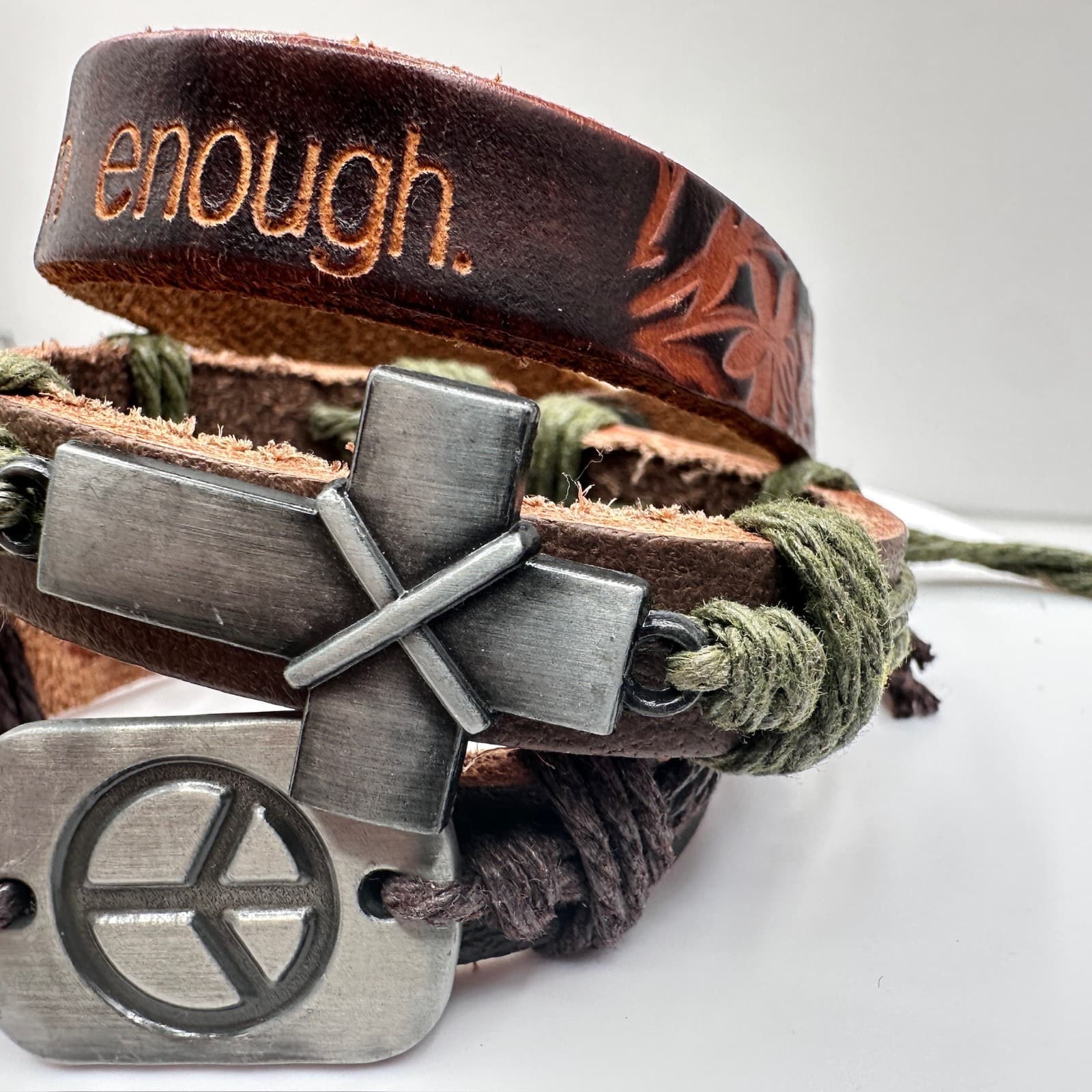 Vintage 90s Brown Leather Wrap Bracelet Set Peace Cross I Am Enough Boho Jewelry - Thumbnail 11