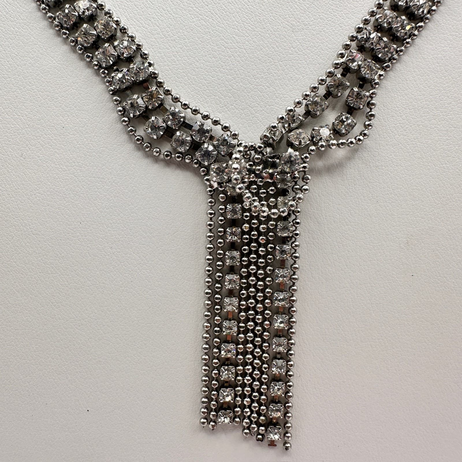 Vintage Rhinestone Statement Necklace Silver Tone Tassel Drop Fashion Jewelry - Thumbnail 3