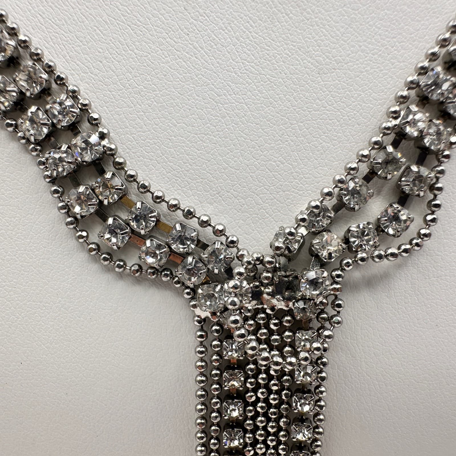 Vintage Rhinestone Statement Necklace Silver Tone Tassel Drop Fashion Jewelry - Thumbnail 4