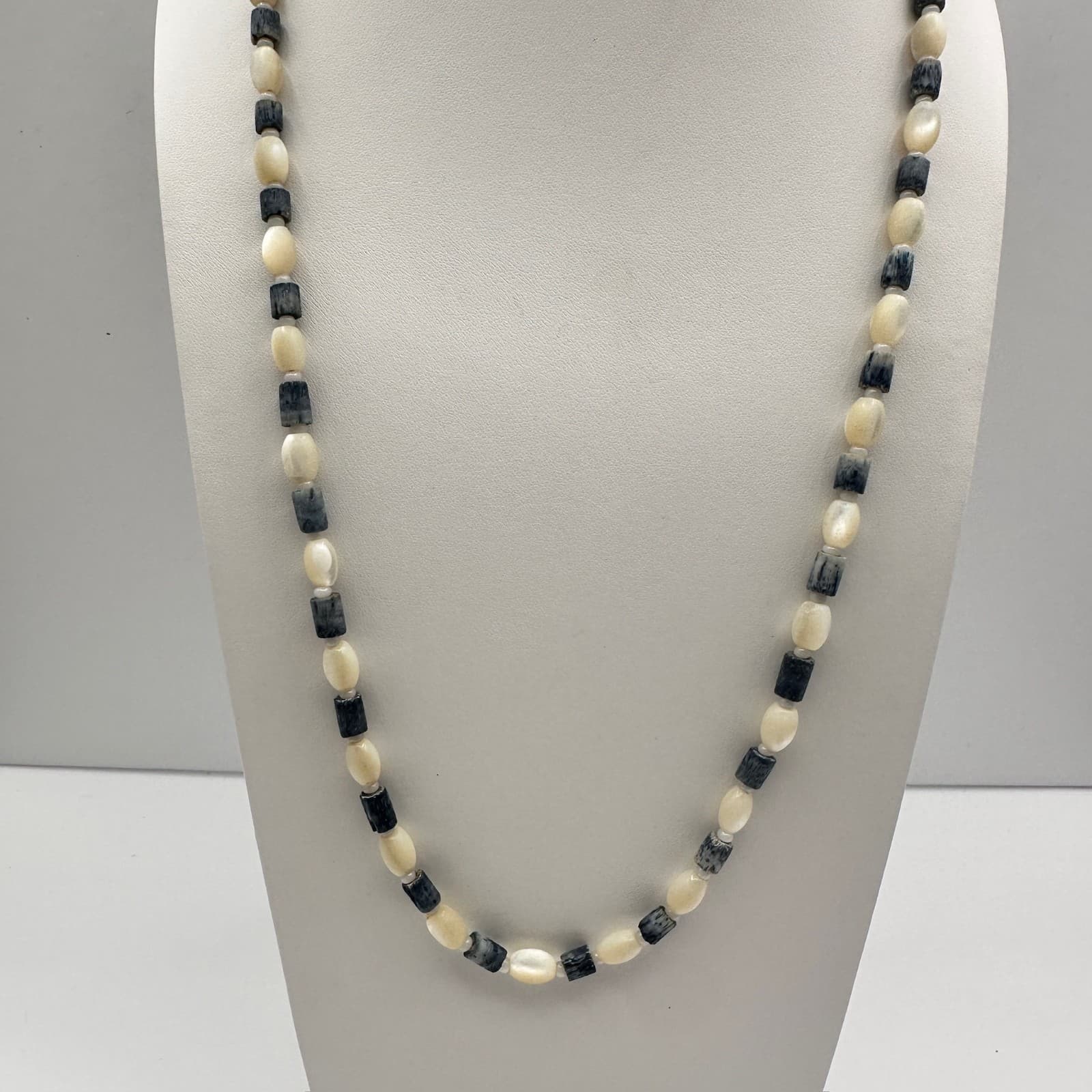 Vintage 80s Jewelry Blue & Cream Beaded Necklace Long Boho Fashion Retro - Image 1
