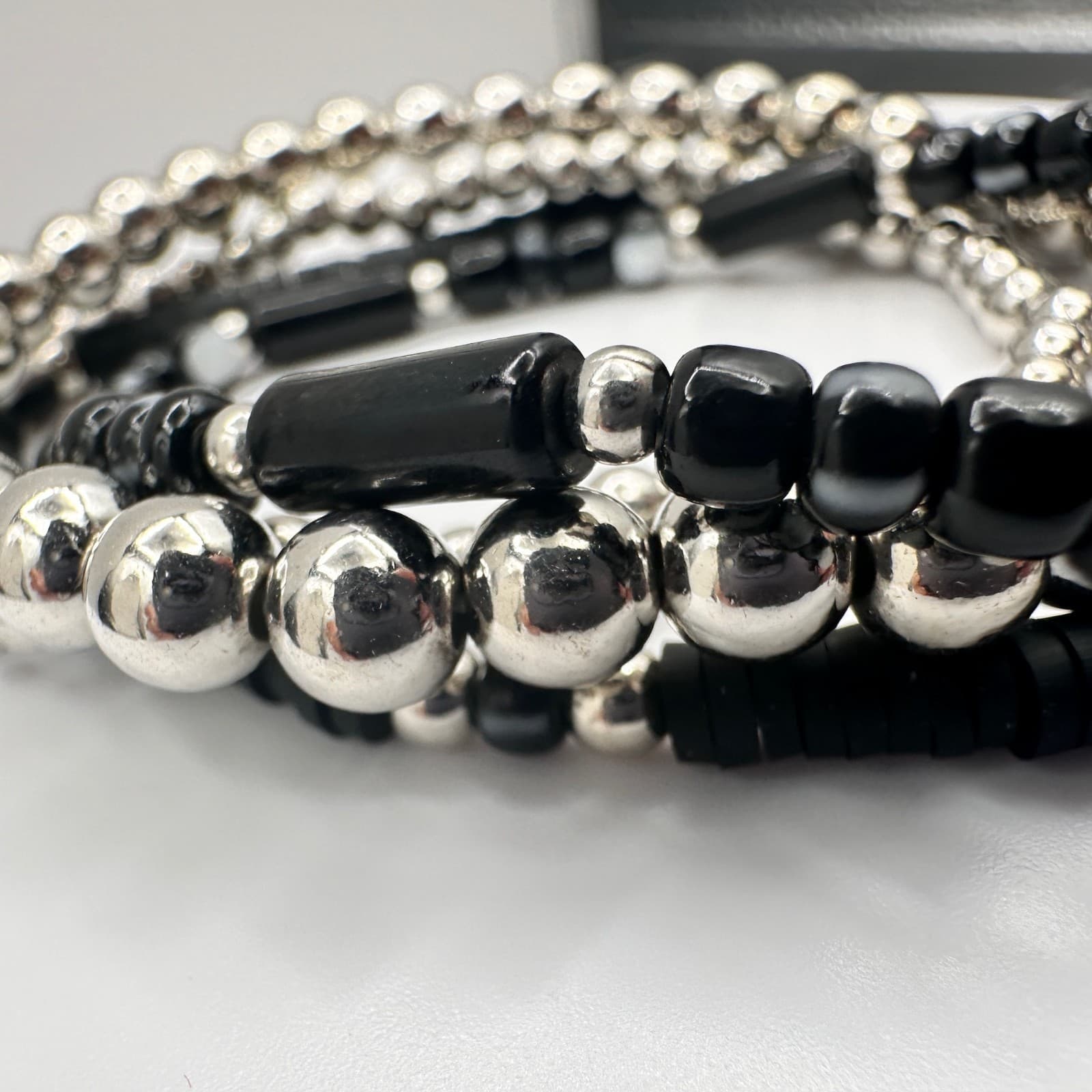 Vintage 90s Silver Tone Beaded Stretch Bracelet Set Sun Pendant Women's Jewelry - Thumbnail 6