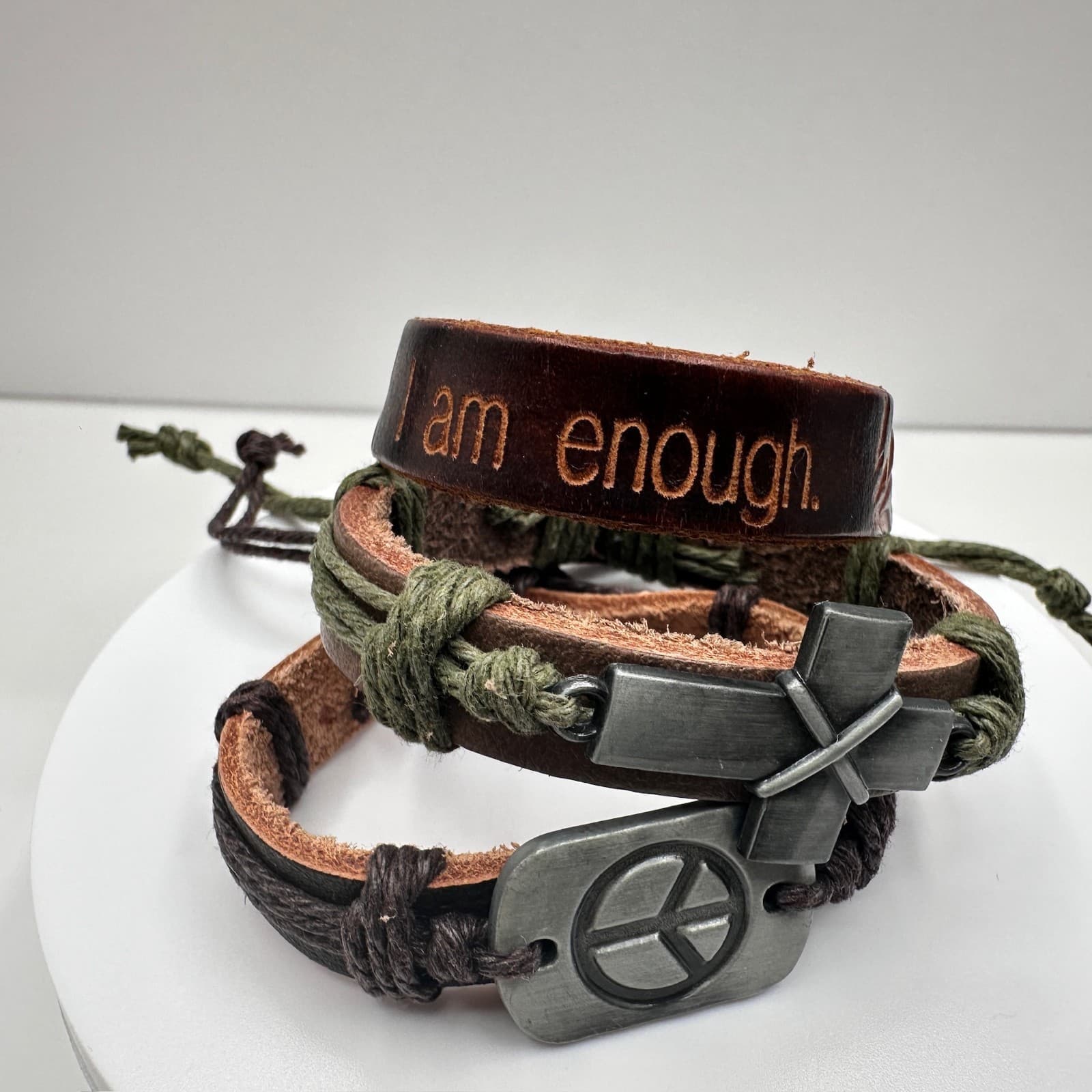 Vintage 90s Brown Leather Wrap Bracelet Set Peace Cross I Am Enough Boho Jewelry - Thumbnail 10