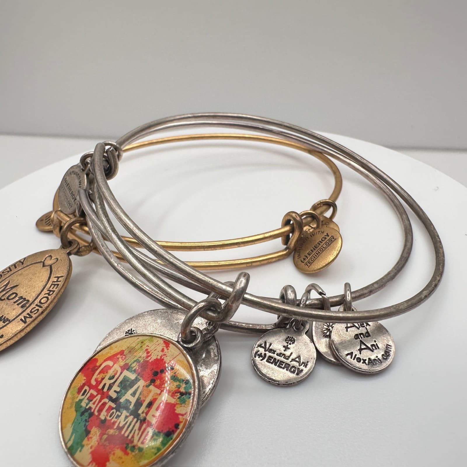 Vintage 90s Alex and Ani Bangle Bracelet Set Mom Peace of Mind Silver &Gold Tone - Thumbnail 8