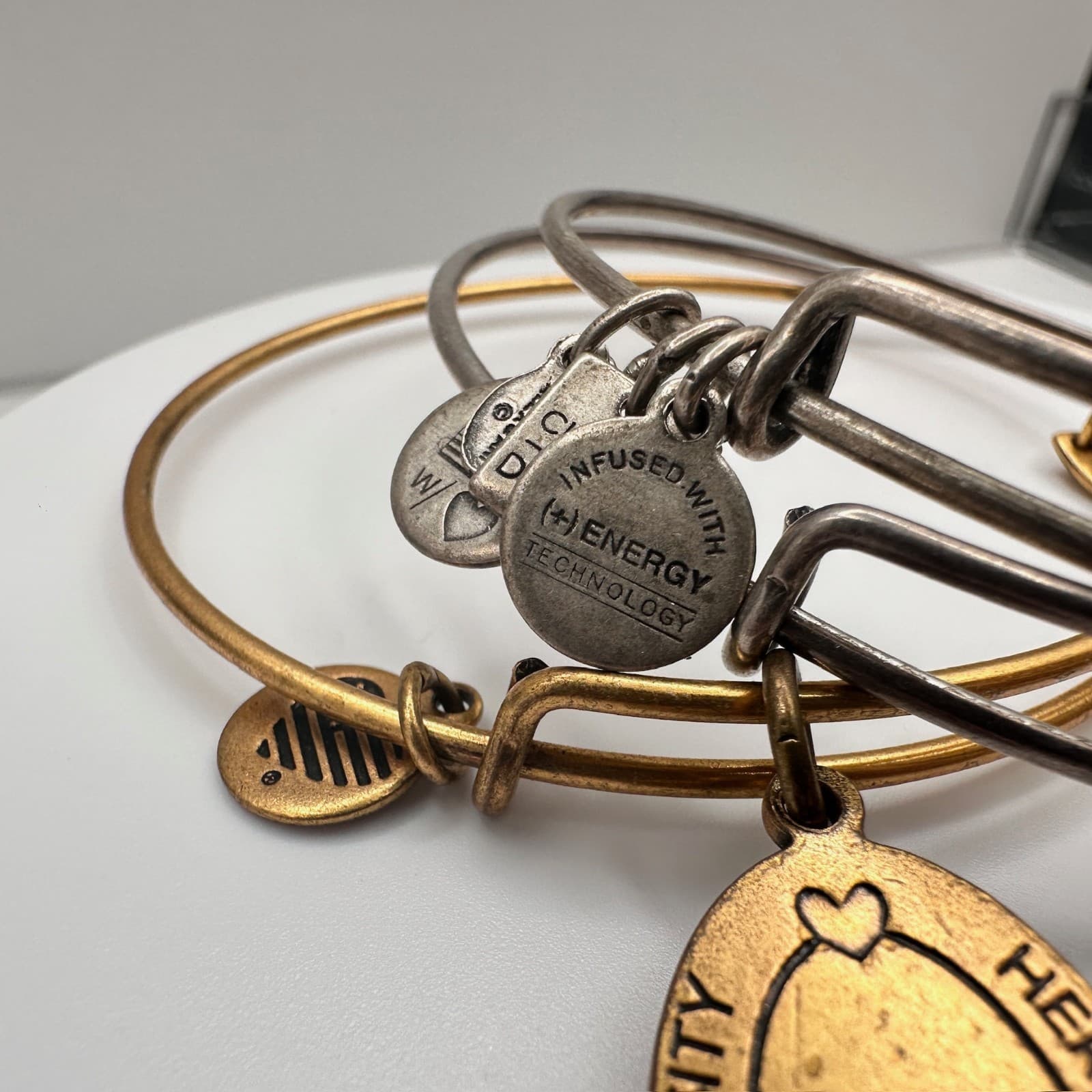 Vintage 90s Alex and Ani Bangle Bracelet Set Mom Peace of Mind Silver &Gold Tone - Thumbnail 7