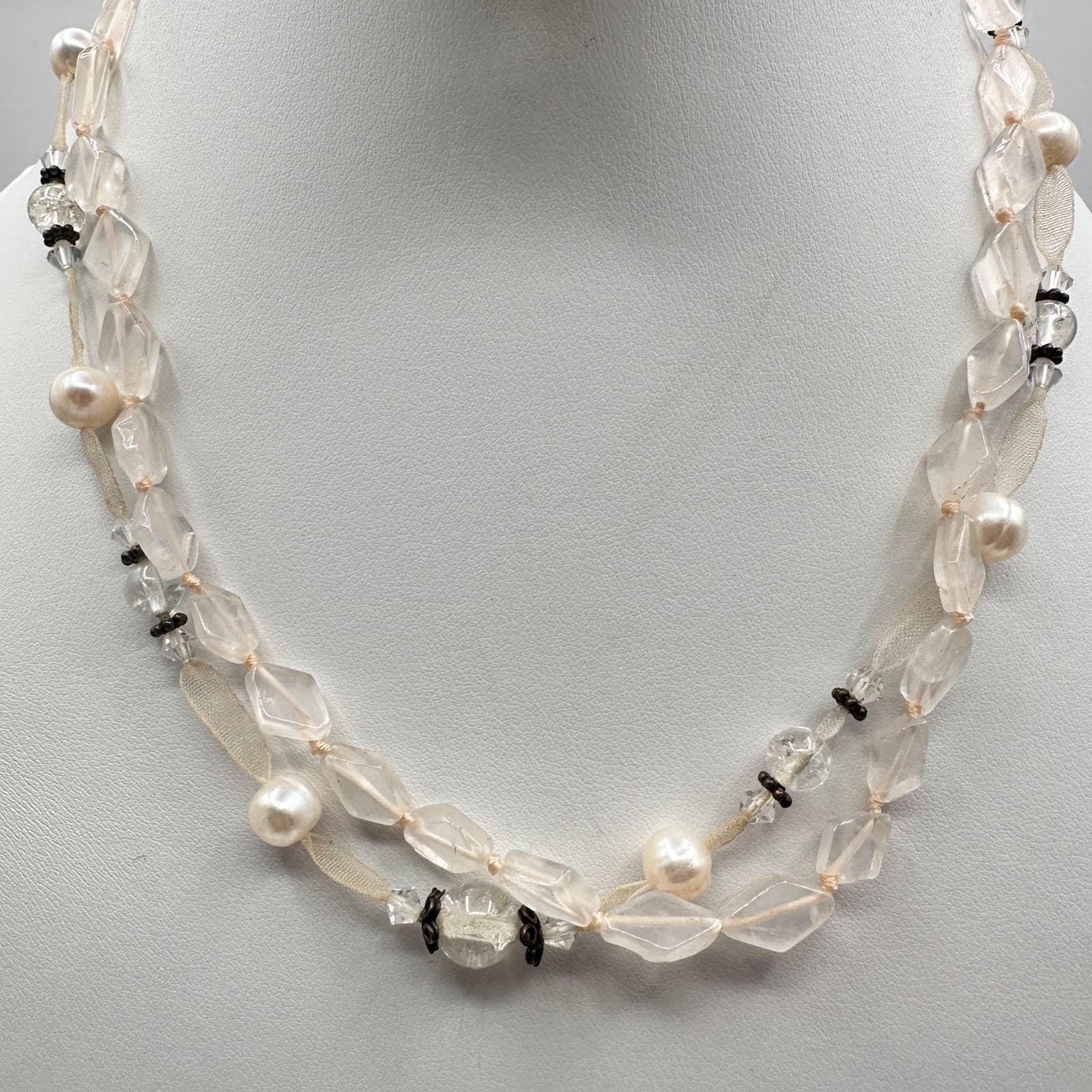 Vintage 90s Rose Quartz & Pearl Multi-Strand Necklace Pink Boho Women's Jewelry - Thumbnail 9