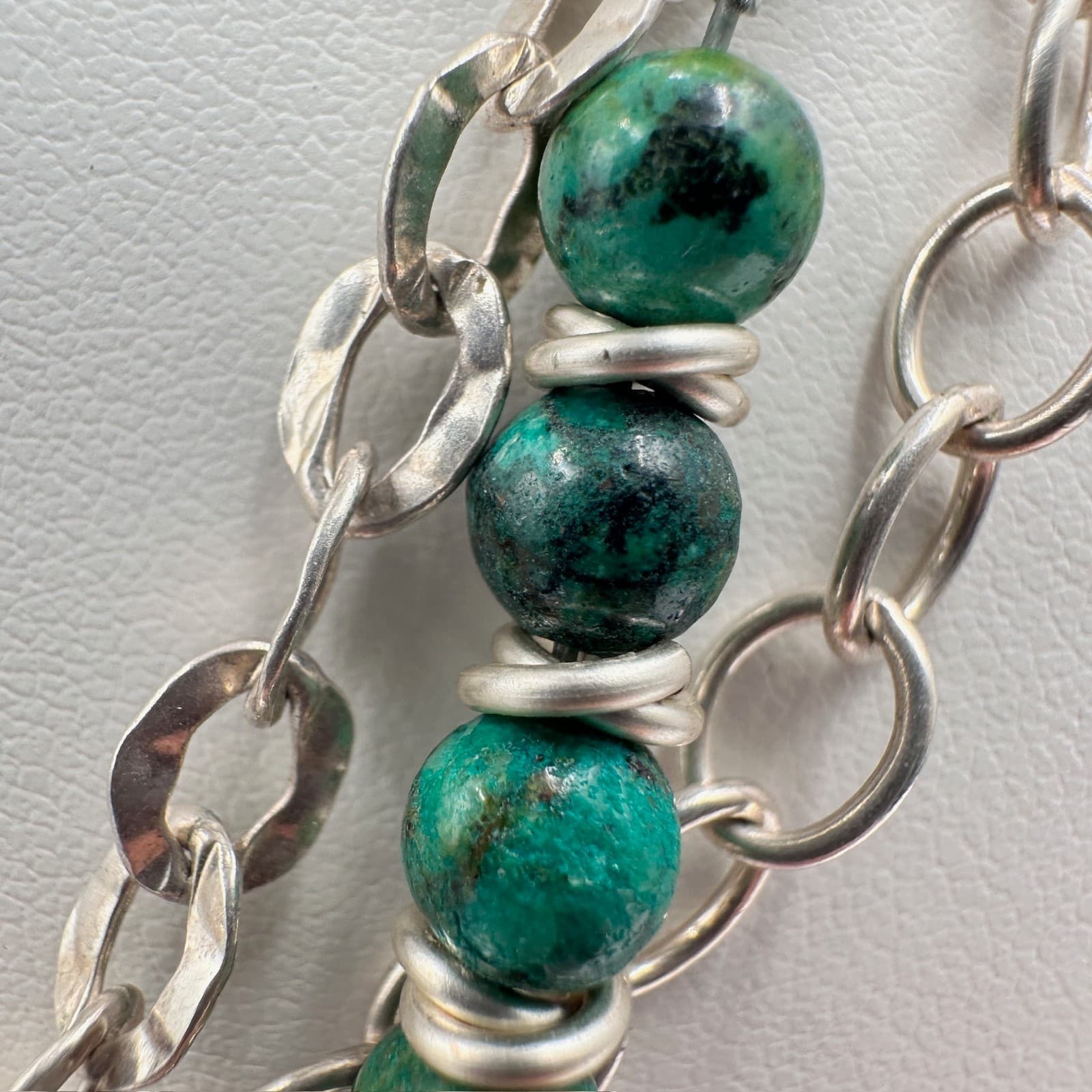 Vintage 90s Silver Tone Green Turquoise Bead Layered Chain Necklace Jewelry - Thumbnail 10