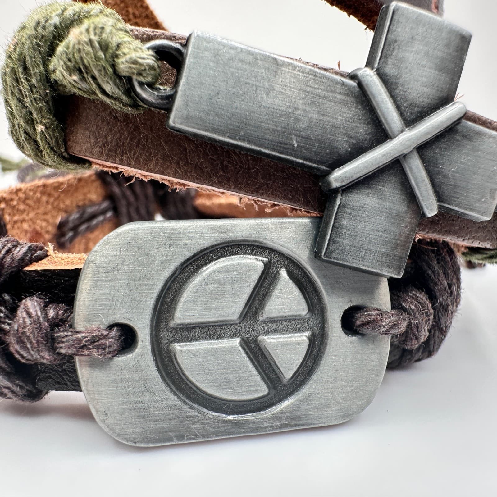Vintage 90s Brown Leather Wrap Bracelet Set Peace Cross I Am Enough Boho Jewelry - Thumbnail 3