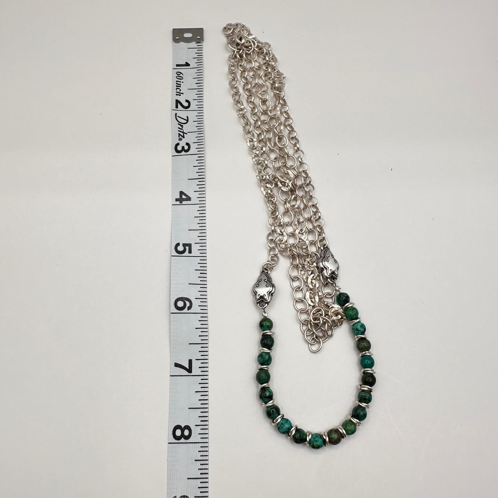 Vintage 90s Silver Tone Green Turquoise Bead Layered Chain Necklace Jewelry - Thumbnail 13