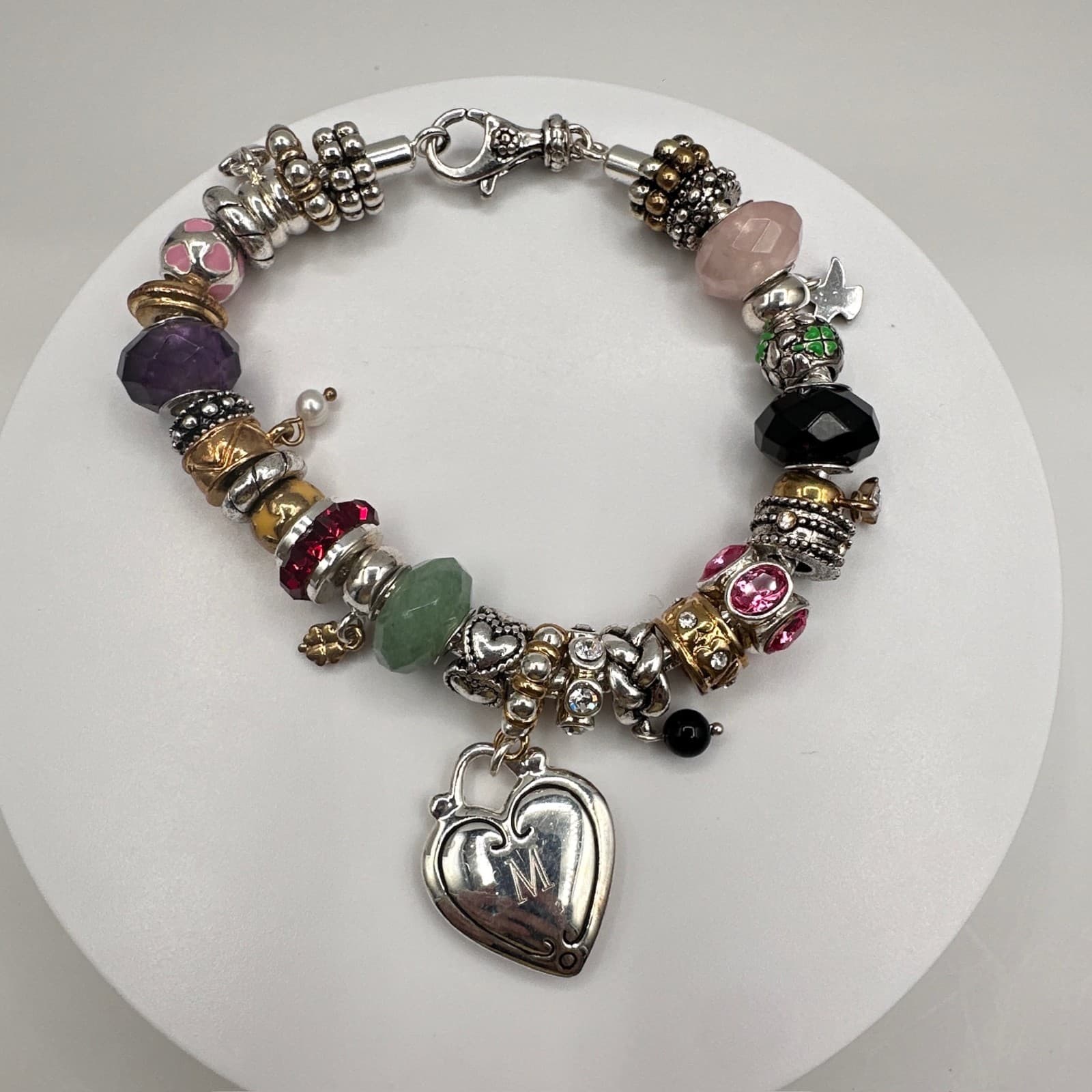 Vintage 90s Charm Bracelet Rhinestone Beads Heart Initial M Pendant Silver Tone - Image 1