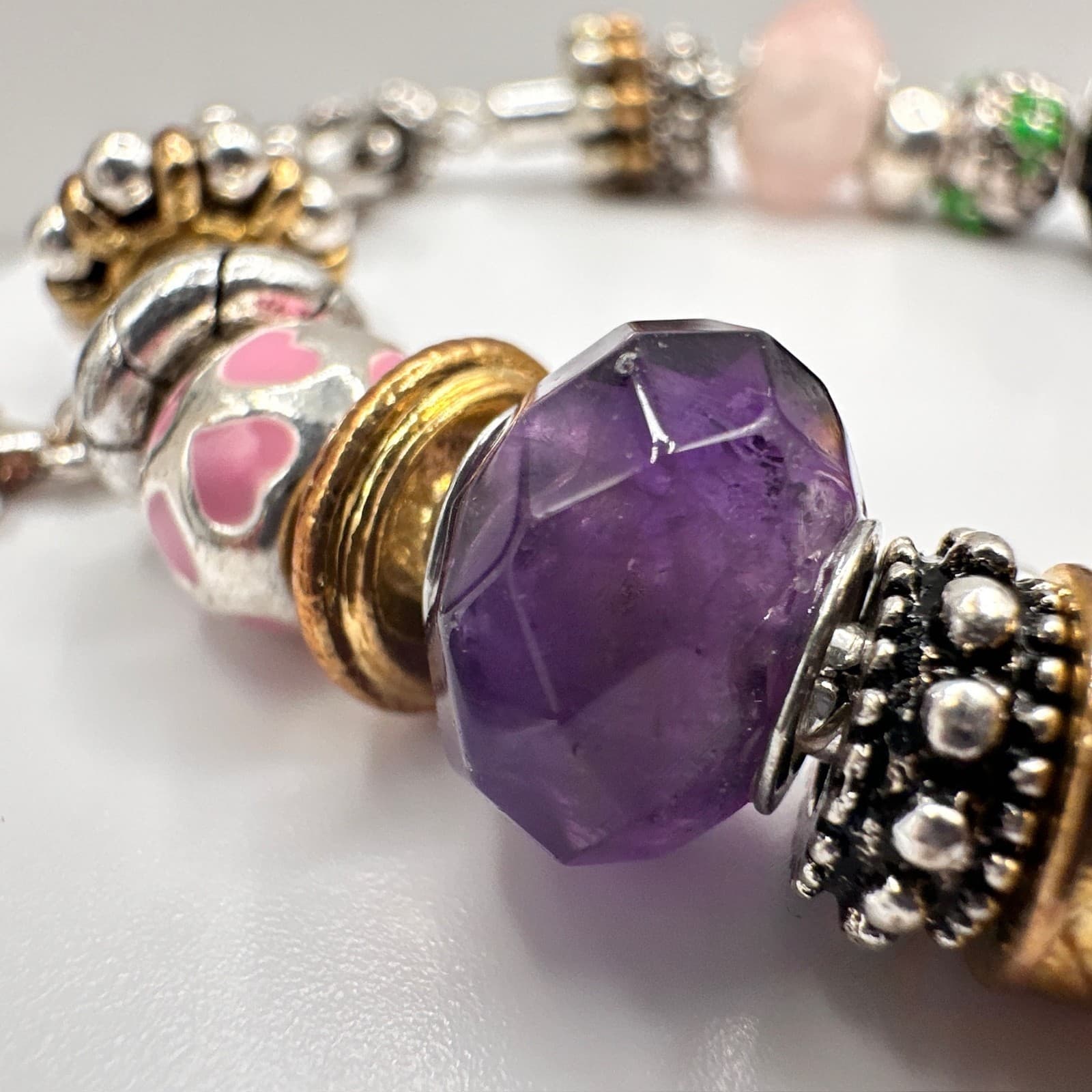 Vintage 90s Charm Bracelet Rhinestone Beads Heart Initial M Pendant Silver Tone - Thumbnail 7