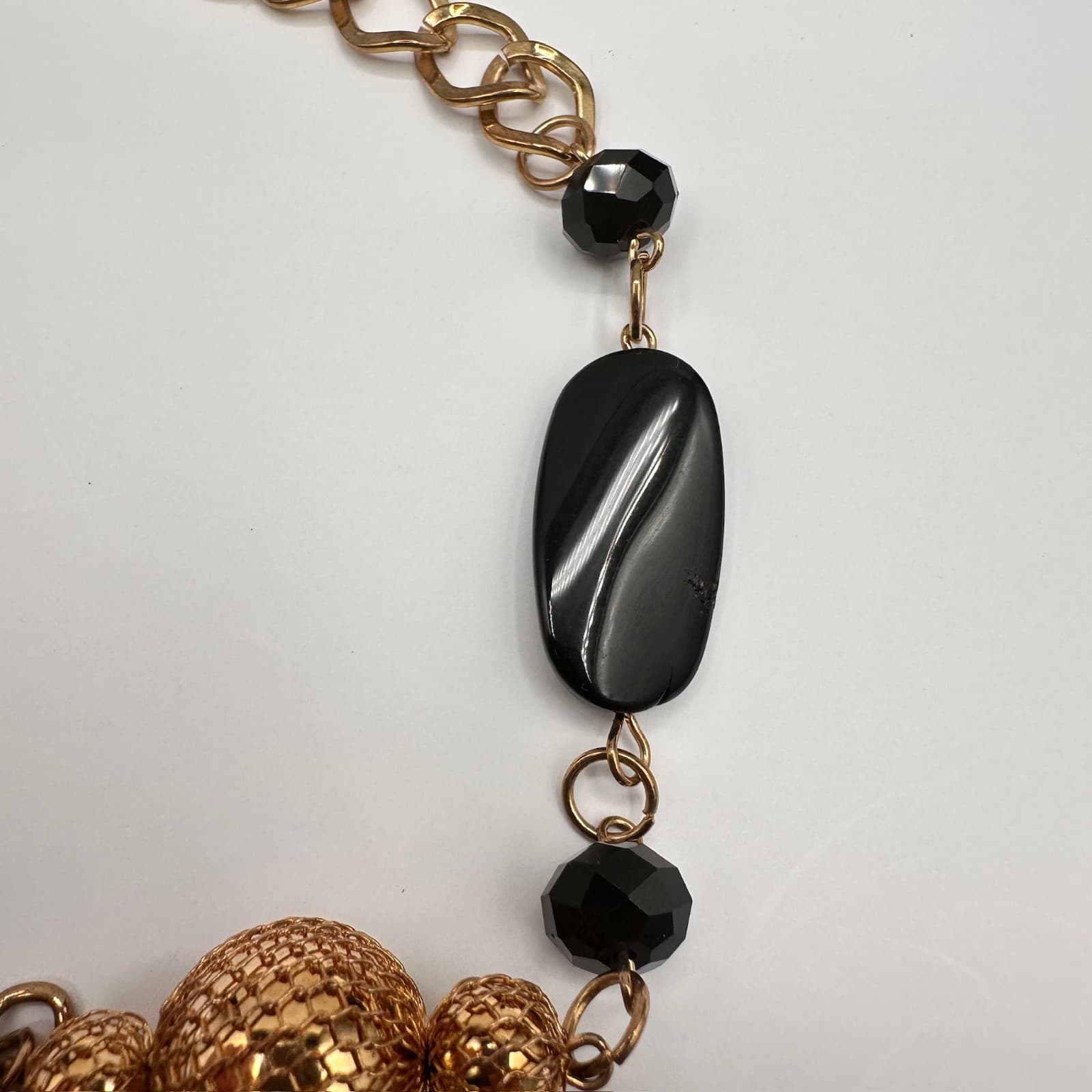 Vintage Black Bead Long Necklace Layered Chain Mesh Pendant Gold Tone Jewelry - Thumbnail 9