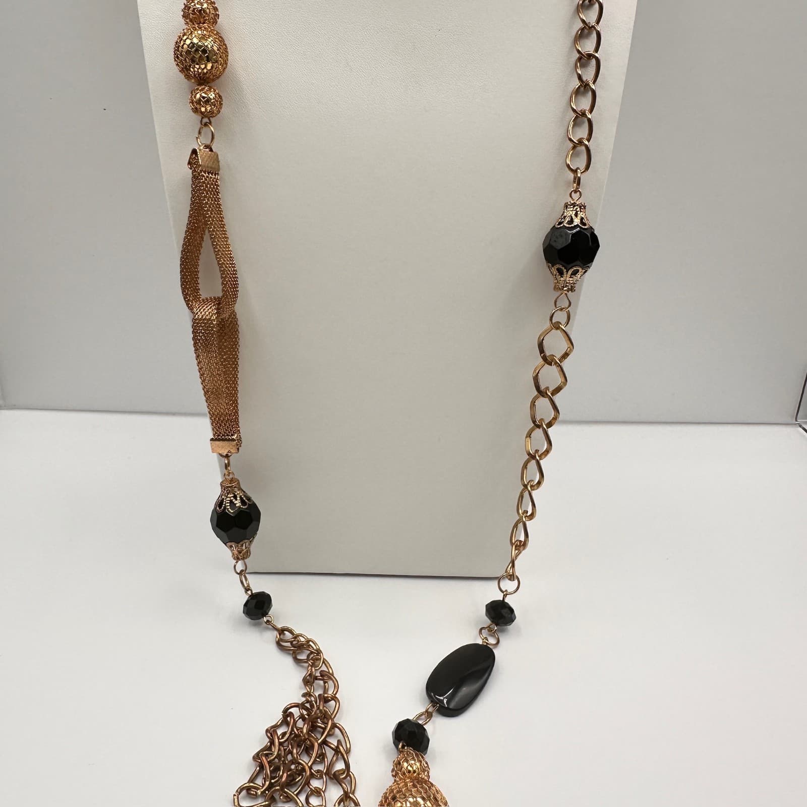 Vintage Black Bead Long Necklace Layered Chain Mesh Pendant Gold Tone Jewelry - Thumbnail 16