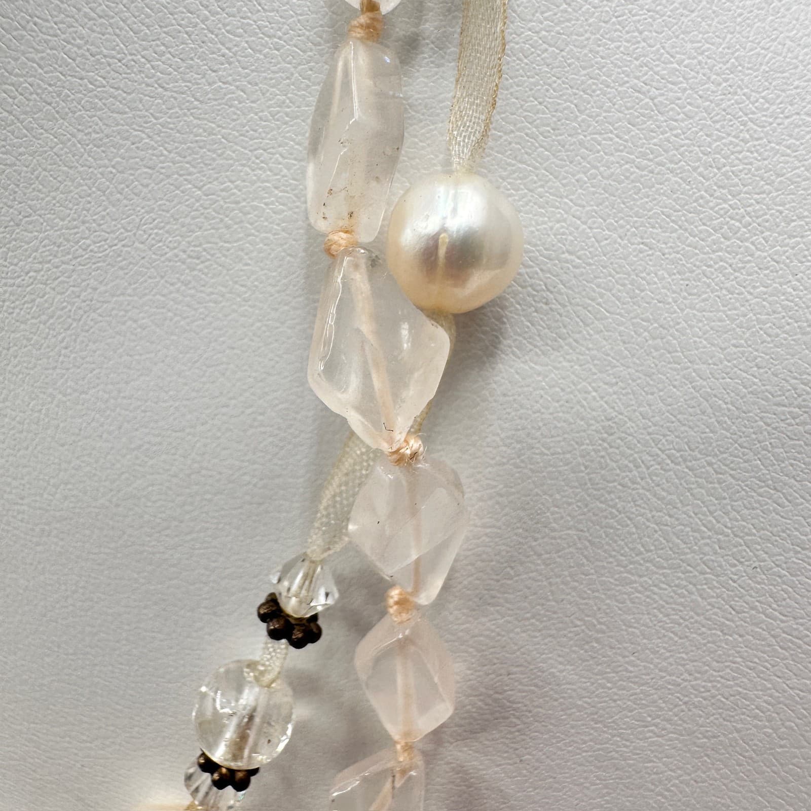 Vintage 90s Rose Quartz & Pearl Multi-Strand Necklace Pink Boho Women's Jewelry - Thumbnail 7