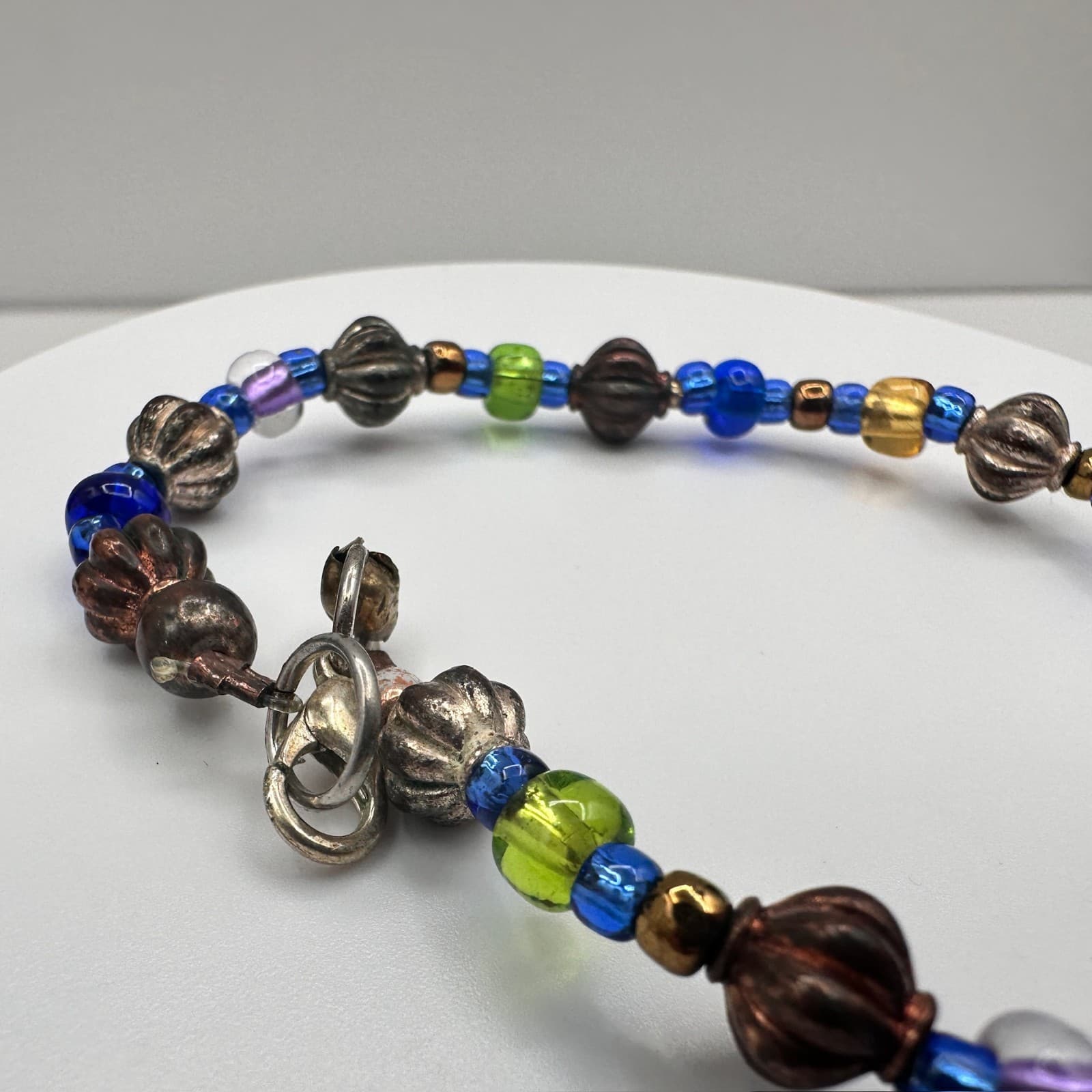 Vintage 90s Y2K Glass Bead Bracelet Multicolor Boho Silver Tone Lobster 8" - Thumbnail 7