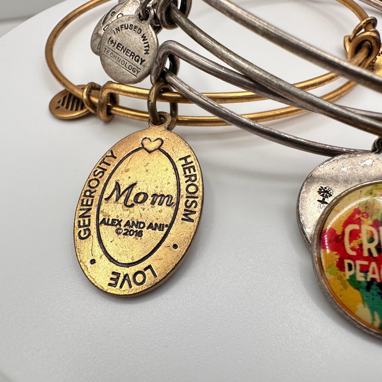 Vintage 90s Alex and Ani Bangle Bracelet Set Mom Peace of Mind Silver &Gold Tone - Thumbnail 3