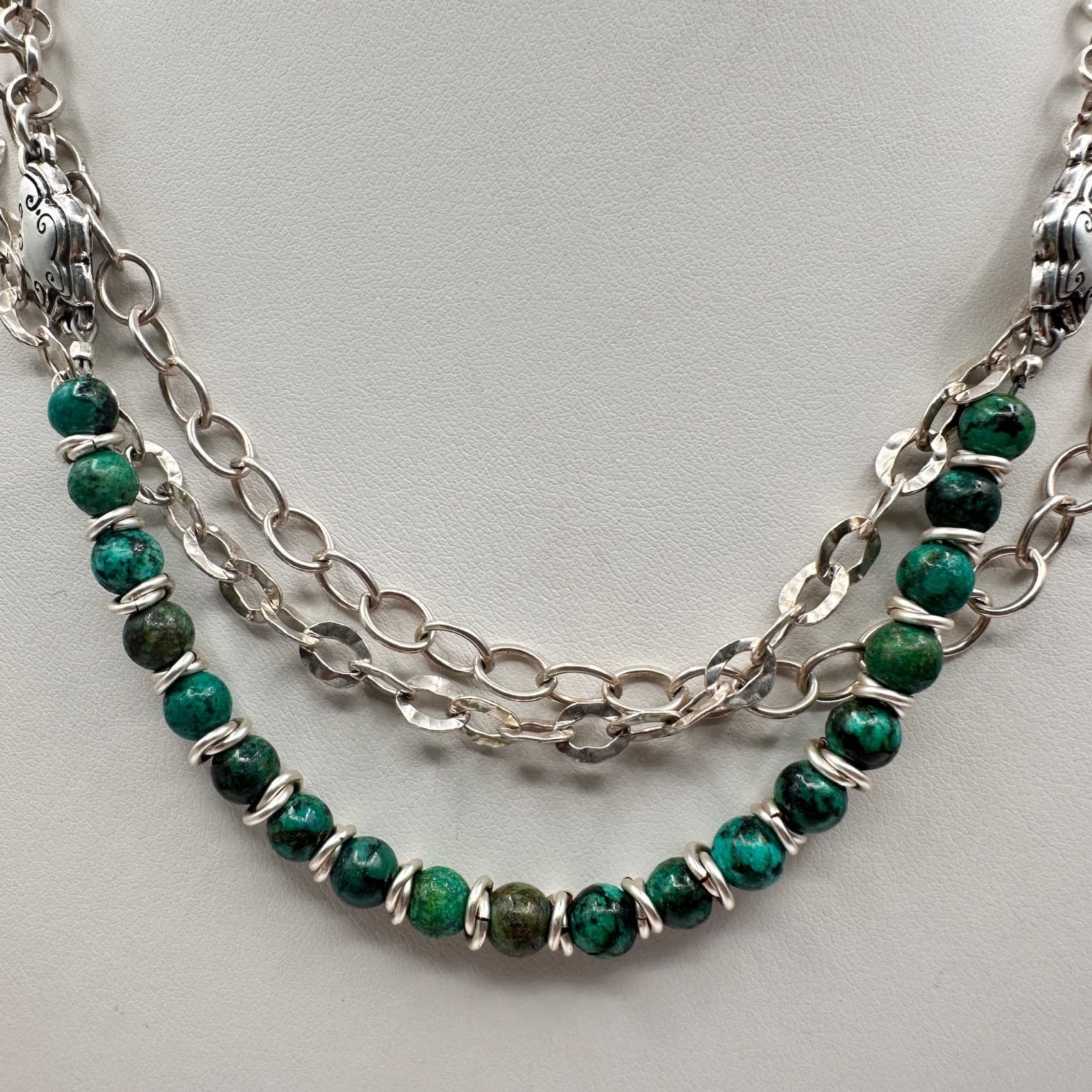 Vintage 90s Silver Tone Green Turquoise Bead Layered Chain Necklace Jewelry - Thumbnail 2