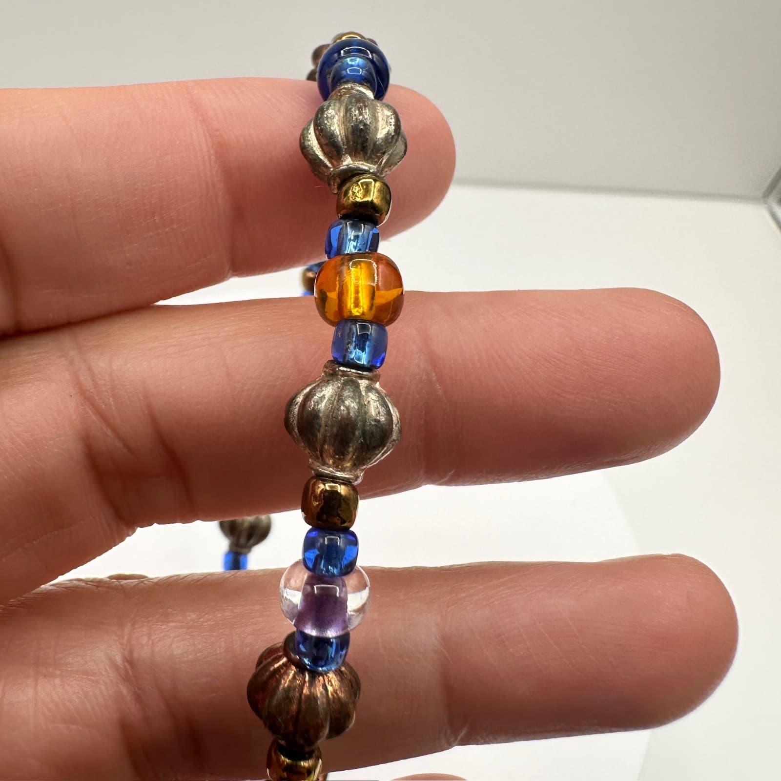 Vintage 90s Y2K Glass Bead Bracelet Multicolor Boho Silver Tone Lobster 8" - Thumbnail 8