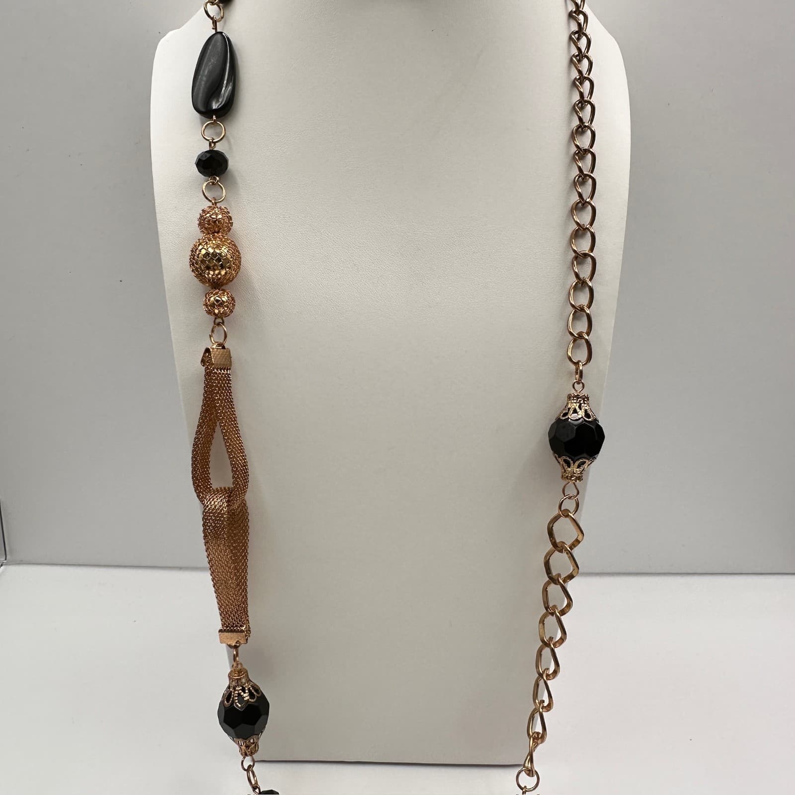 Vintage Black Bead Long Necklace Layered Chain Mesh Pendant Gold Tone Jewelry - Thumbnail 17