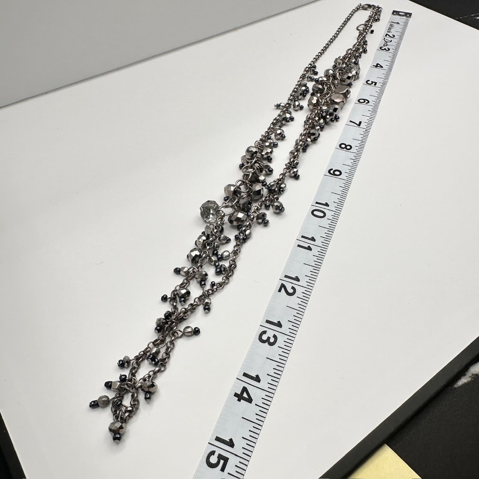 Vintage Jewelry Long Silver Tone Beaded Cluster Necklace Gray Crystal Fashion - Thumbnail 12