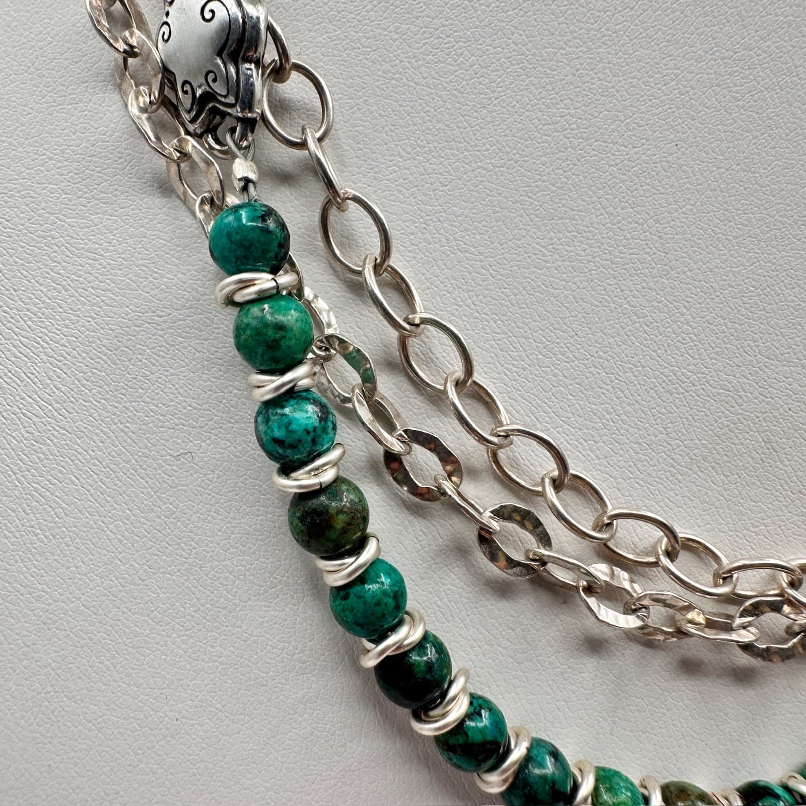 Vintage 90s Silver Tone Green Turquoise Bead Layered Chain Necklace Jewelry - Thumbnail 3