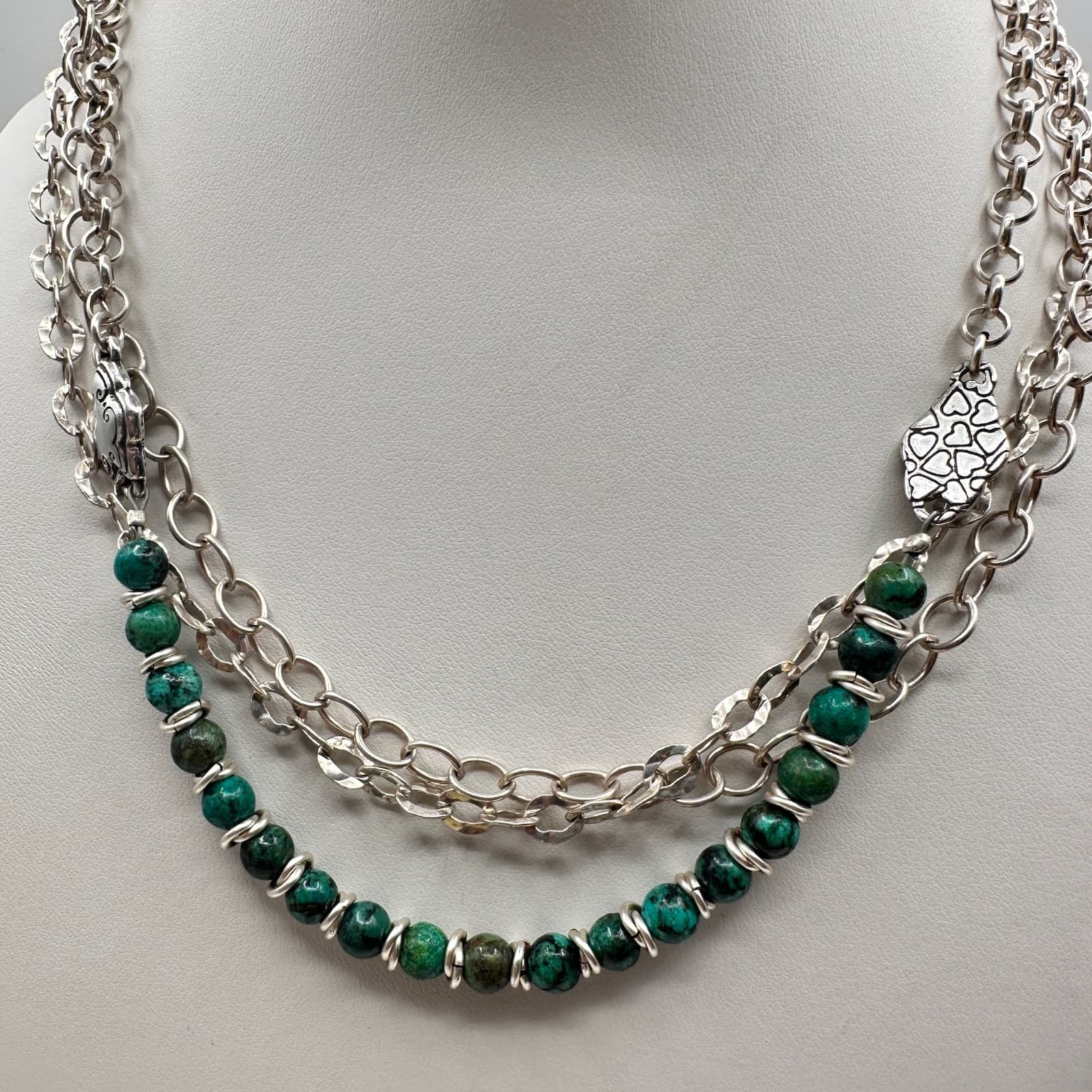 Vintage 90s Silver Tone Green Turquoise Bead Layered Chain Necklace Jewelry - Thumbnail 12