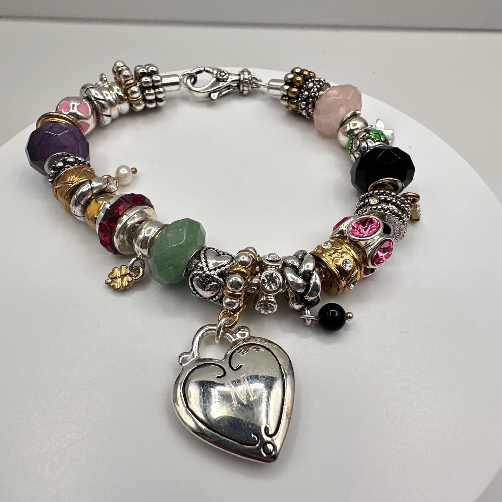 Vintage 90s Charm Bracelet Rhinestone Beads Heart Initial M Pendant Silver Tone - Thumbnail 2
