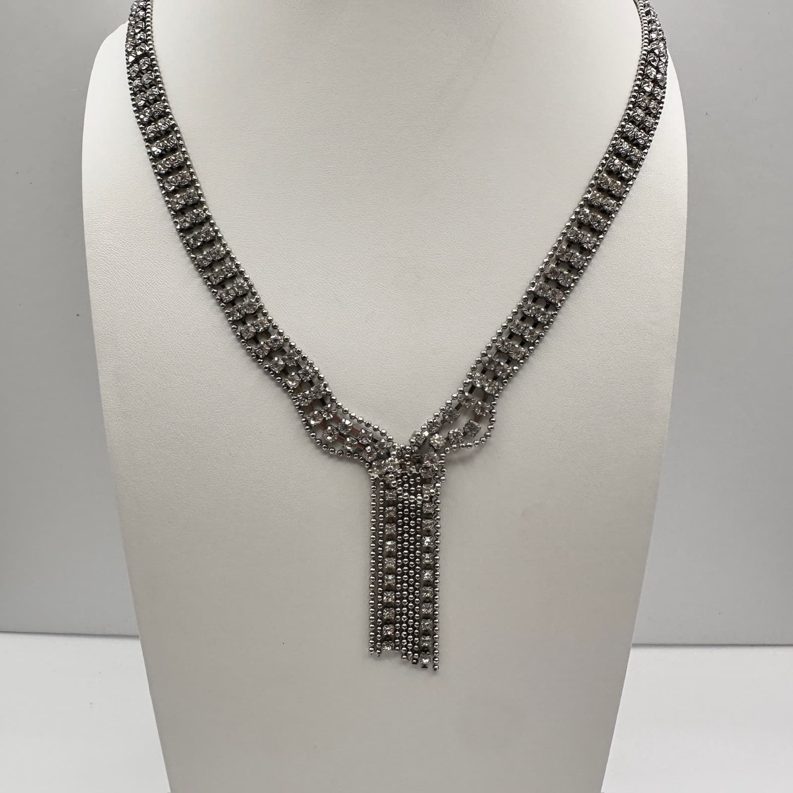 Vintage Rhinestone Statement Necklace Silver Tone Tassel Drop Fashion Jewelry - Thumbnail 2