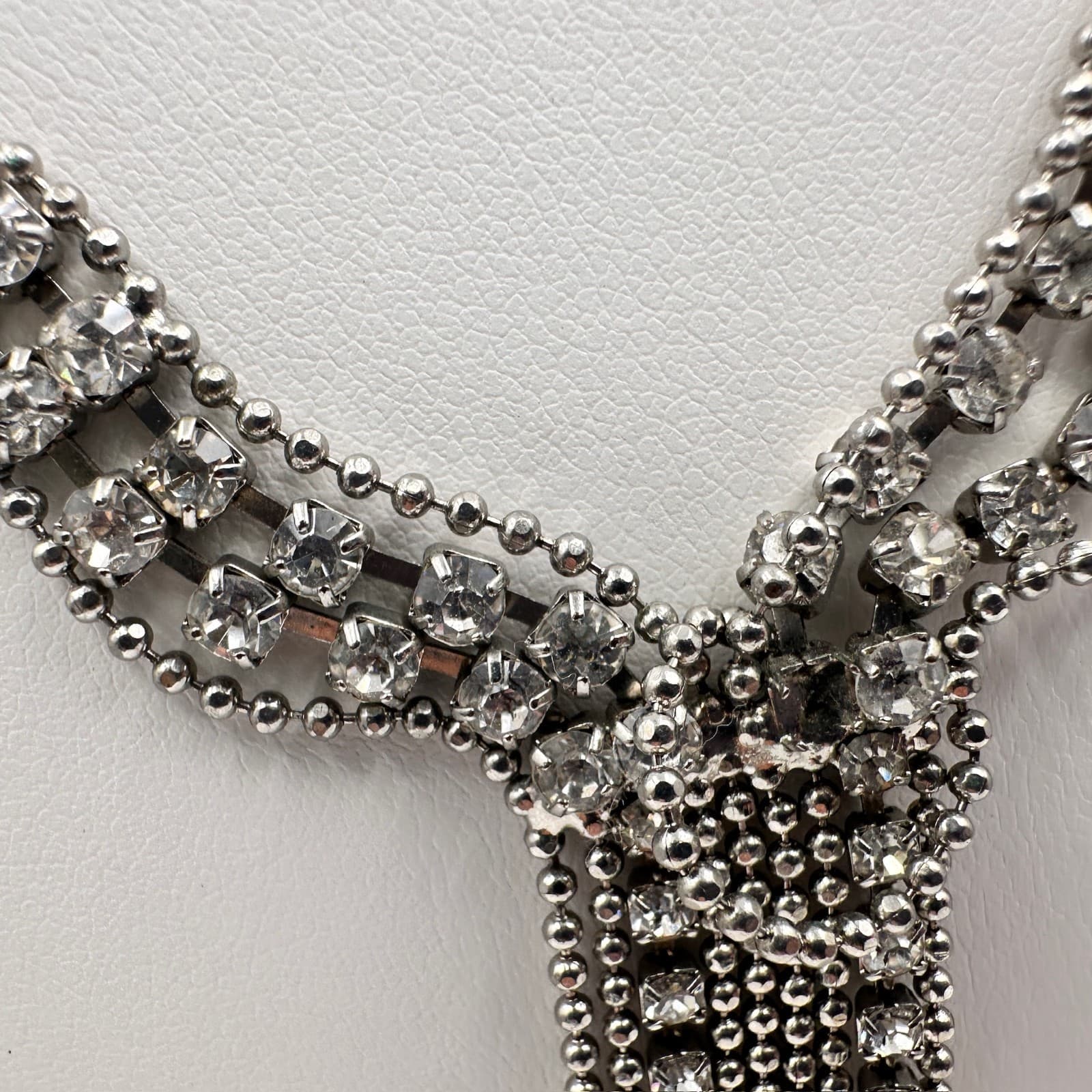 Vintage Rhinestone Statement Necklace Silver Tone Tassel Drop Fashion Jewelry - Thumbnail 5