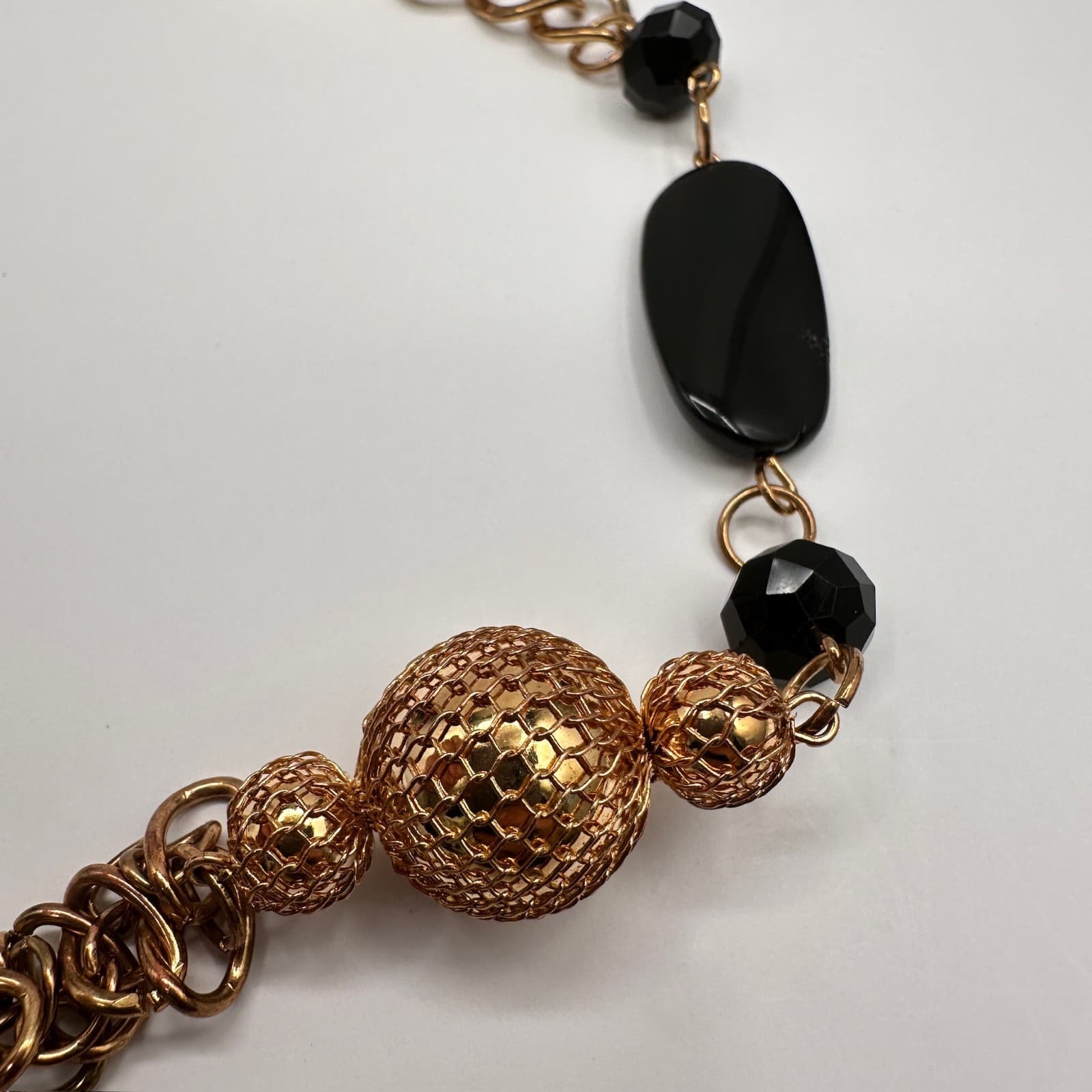 Vintage Black Bead Long Necklace Layered Chain Mesh Pendant Gold Tone Jewelry - Thumbnail 8