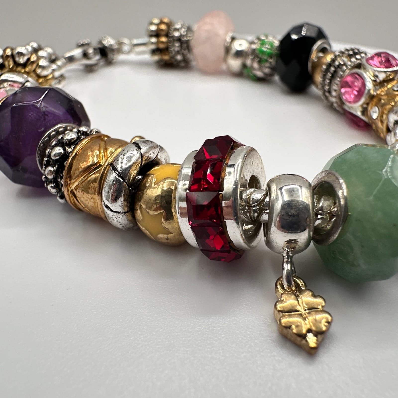 Vintage 90s Charm Bracelet Rhinestone Beads Heart Initial M Pendant Silver Tone - Thumbnail 4