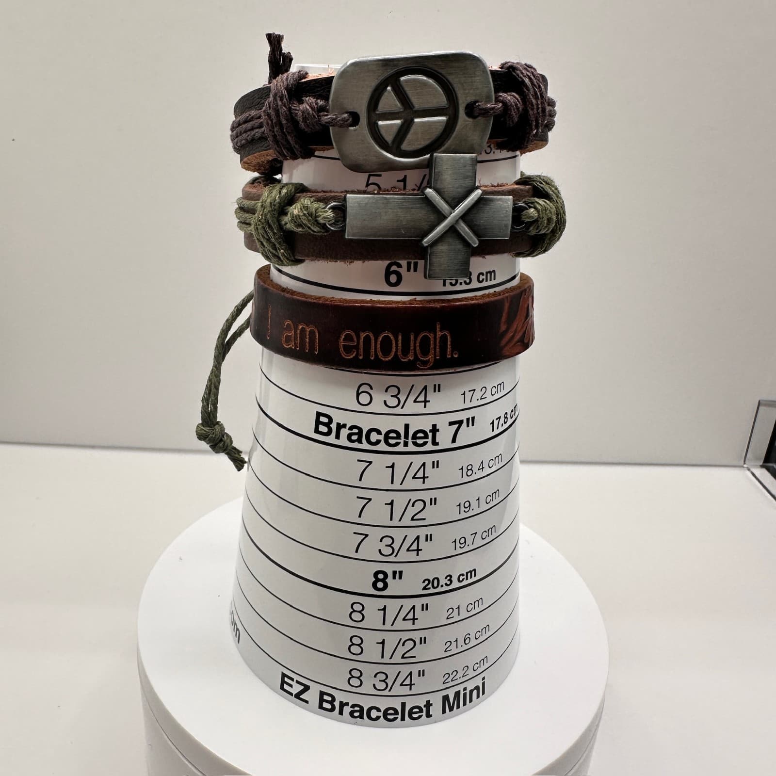 Vintage 90s Brown Leather Wrap Bracelet Set Peace Cross I Am Enough Boho Jewelry - Thumbnail 13