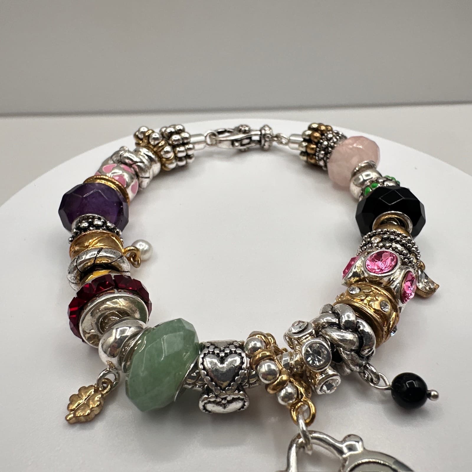 Vintage 90s Charm Bracelet Rhinestone Beads Heart Initial M Pendant Silver Tone - Thumbnail 3