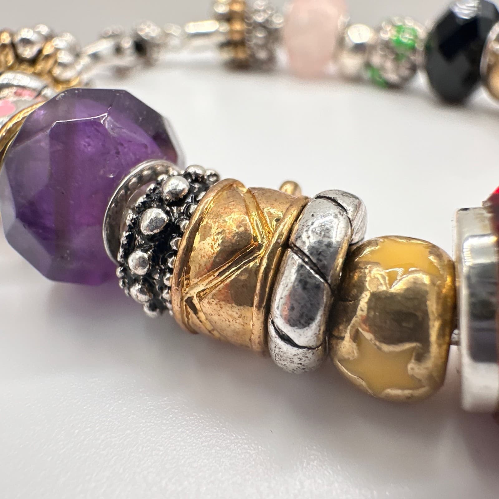 Vintage 90s Charm Bracelet Rhinestone Beads Heart Initial M Pendant Silver Tone - Thumbnail 6