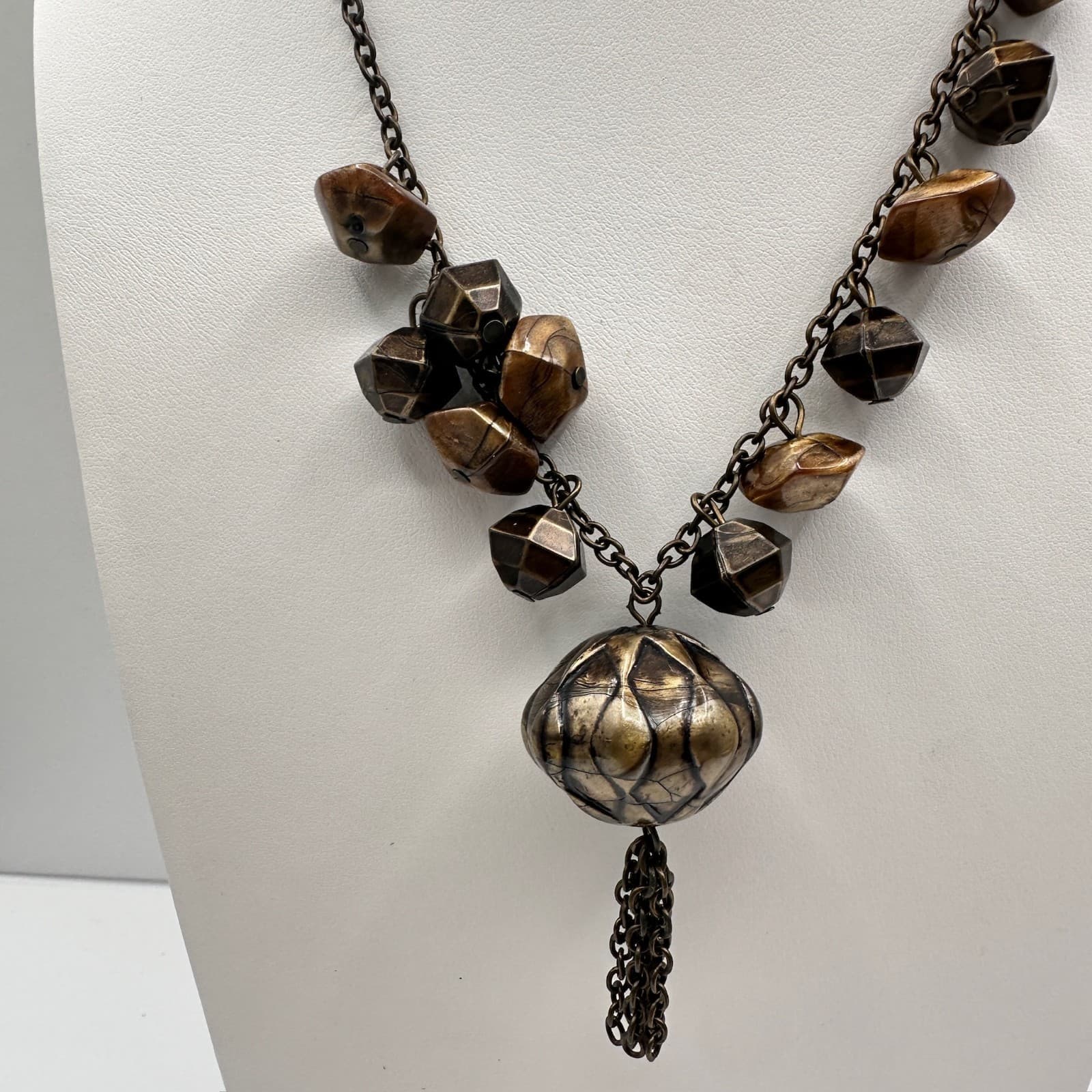 Vintage 80s Boho Statement Necklace Brown Beaded Pendant Chain Tassel Jewelry - Thumbnail 2