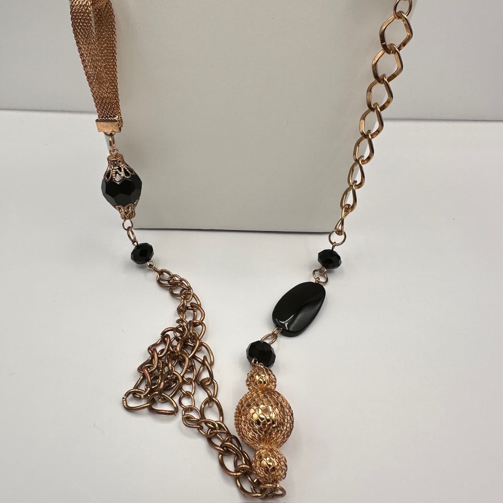 Vintage Black Bead Long Necklace Layered Chain Mesh Pendant Gold Tone Jewelry - Thumbnail 15