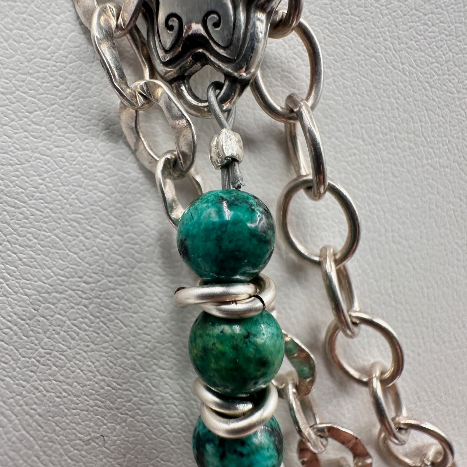 Vintage 90s Silver Tone Green Turquoise Bead Layered Chain Necklace Jewelry - Thumbnail 5