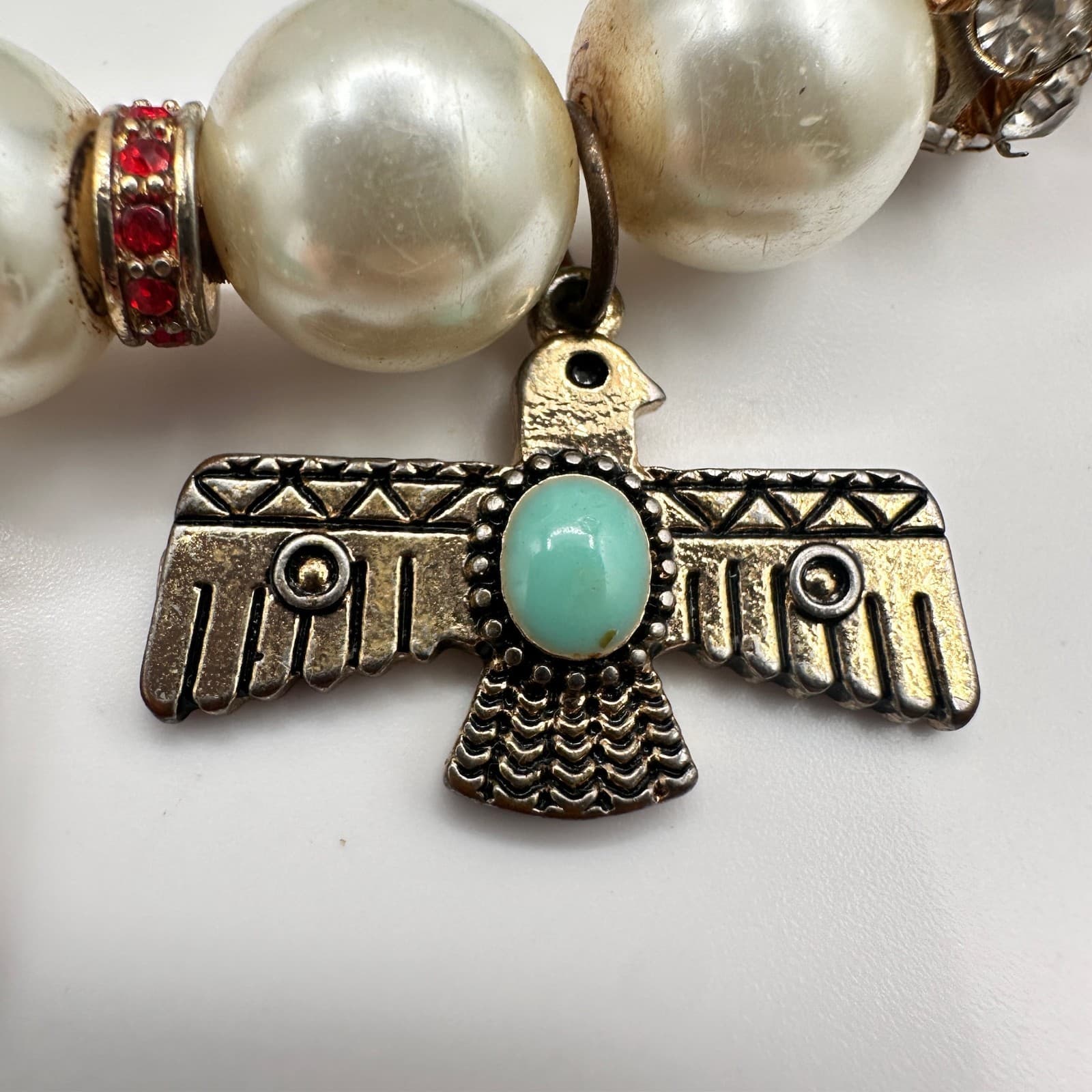 Vintage 90s Charm Stretch Bracelet Turquoise Red Beads Pearl Thunderbird Bird - Thumbnail 4