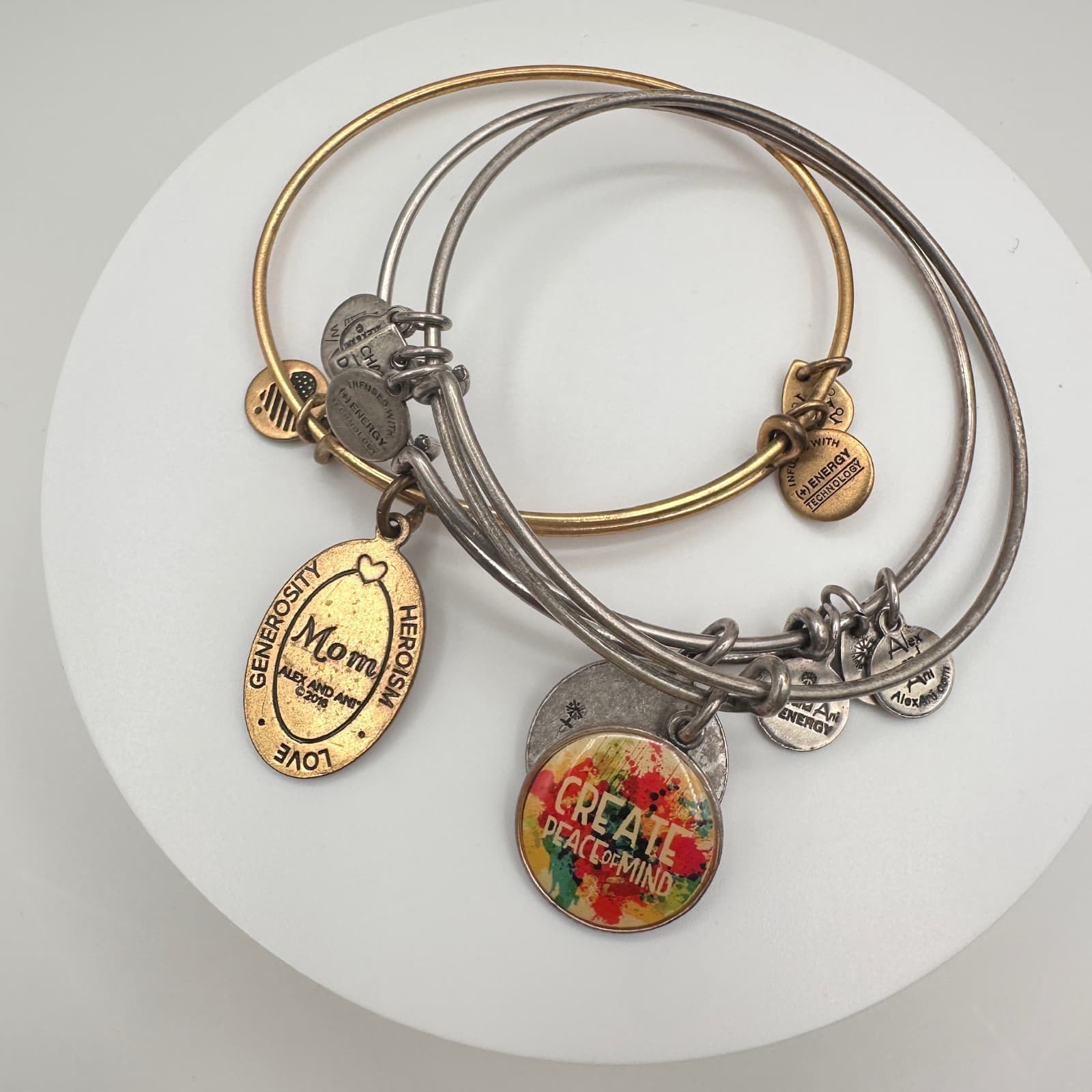 Vintage 90s Alex and Ani Bangle Bracelet Set Mom Peace of Mind Silver &Gold Tone - Image 1