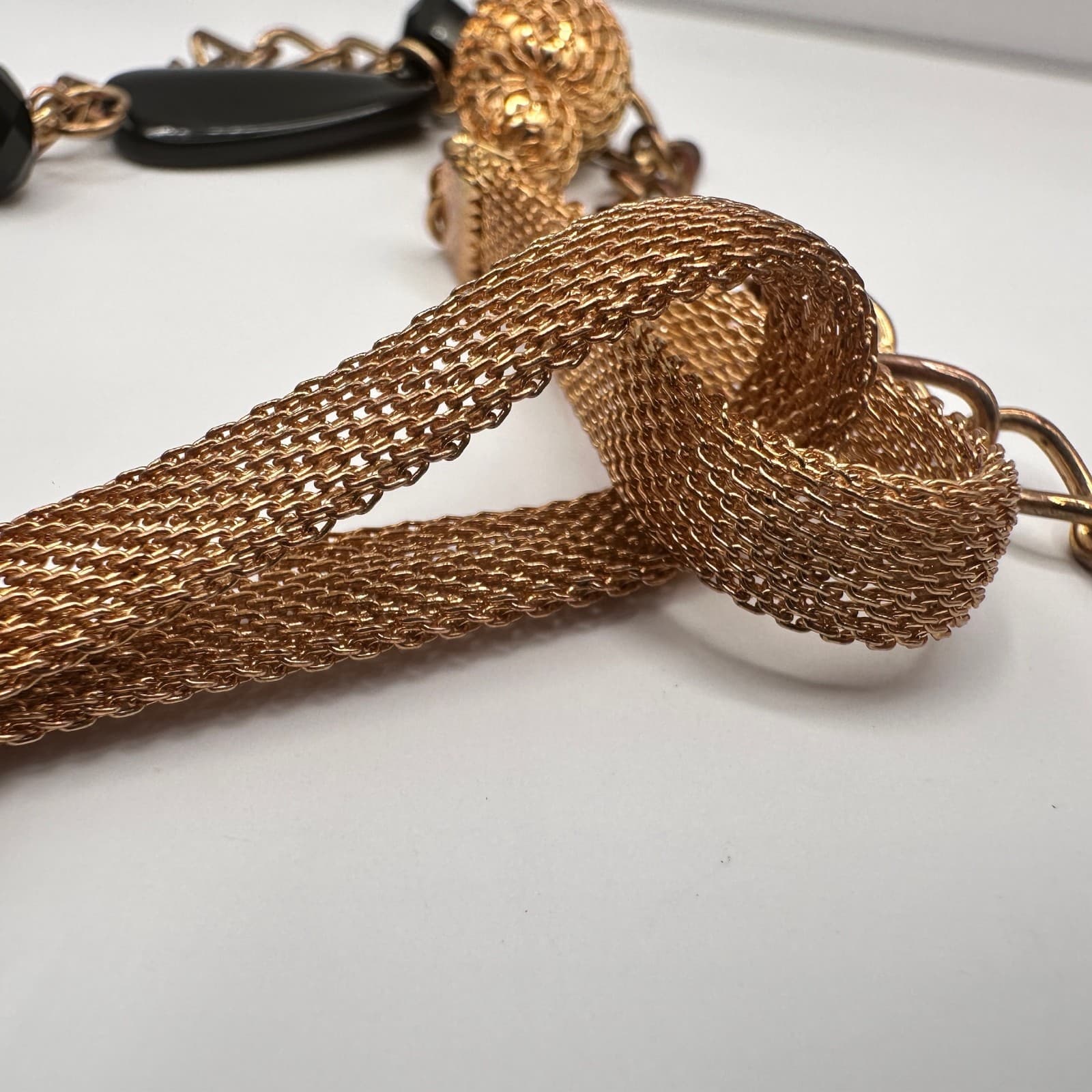 Vintage Black Bead Long Necklace Layered Chain Mesh Pendant Gold Tone Jewelry - Thumbnail 6